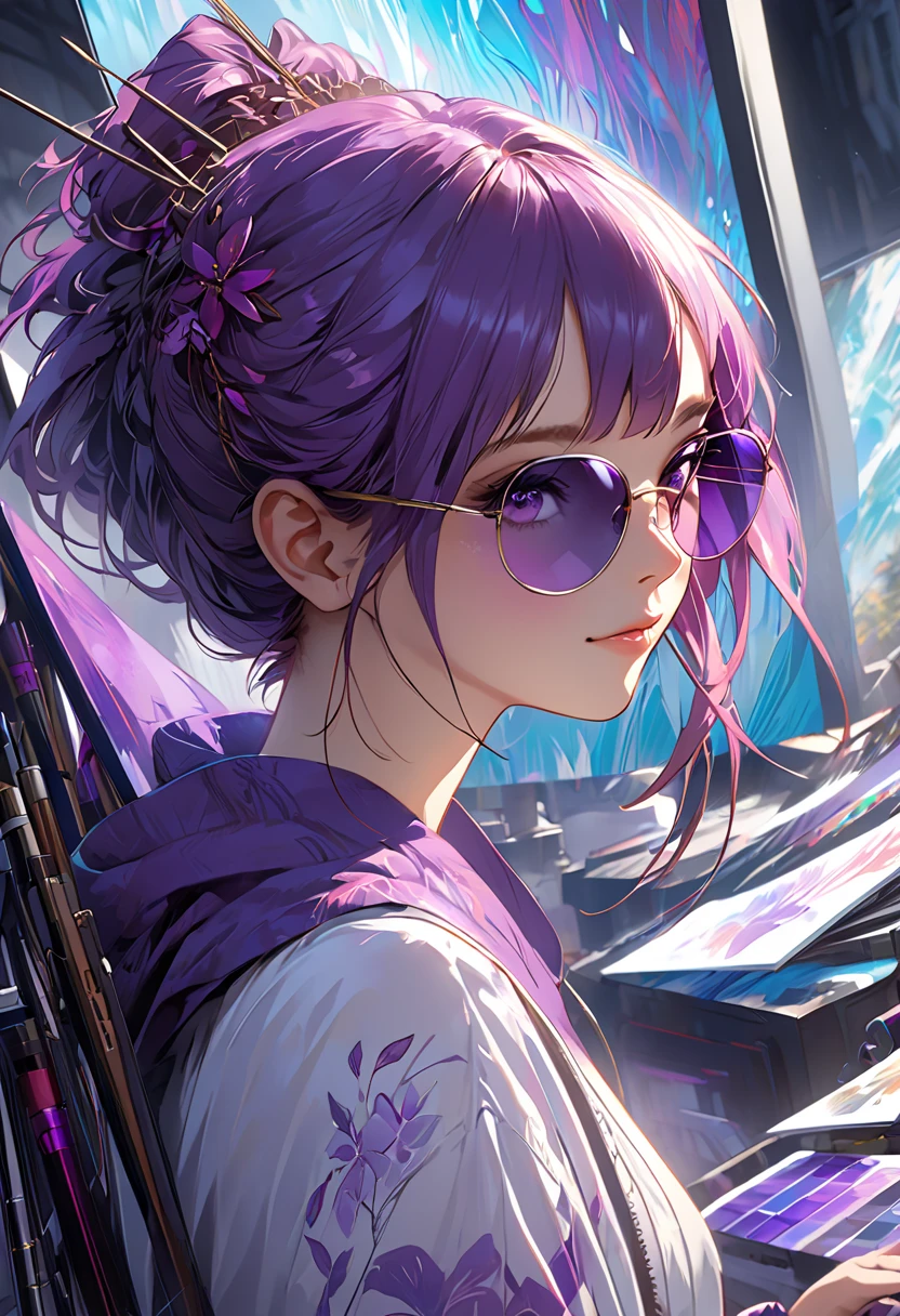  happy girl , Center,  looking at camera ,  is close to perfect, dynamic,  Shades of Purple ,  very detailed,  digital paint,  art station ,  concept art , smooth,  sharp concentration,  illustration, Art by Carne Griffiths and Wadim Kashin,  detailed face , 4K