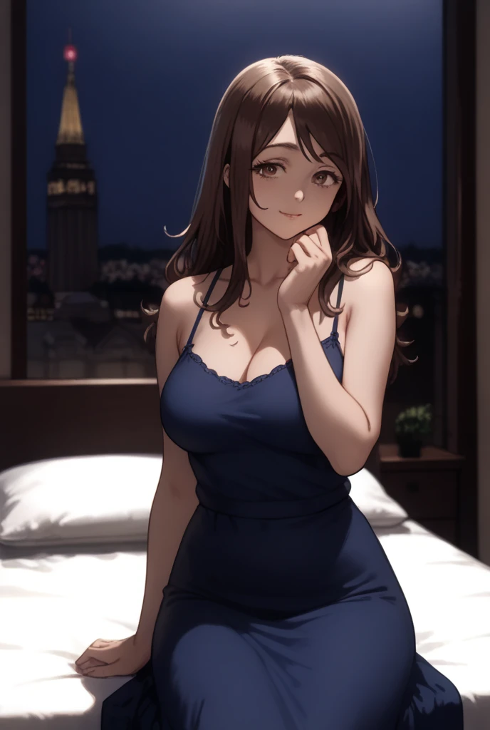 1girl solo, Shoko ieiri, long straight brown hair  ,  brown eyes , loose hair,  cozy room with large windows that overlook the city  , big breasts small waist and large hips . That she is wearing a blue dress and is sitting on the bed in her room,  at night, ,  High resolution,  masterpiece,  The best quality, Detail,  high quality, muy detallado, 