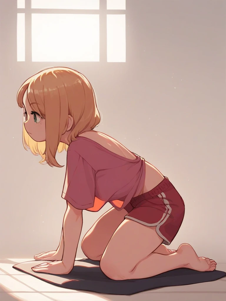 (Crossdresser),blonde low twintails,服の隙間Voyeur,On all fours,Voyeur,T-Shirts,Groin bulge,Side view