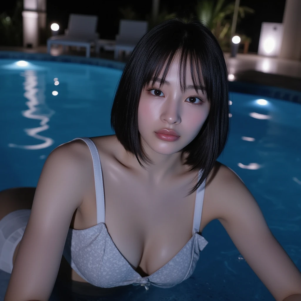top-quality、8K、profetional lighting、Pretty Woman、Precision Hair、Beautiful and delicate skin、Shiny skin、no-makeup、A slender、light skinned、large boob、Shorthair、White camisole、(Wearing white underwear)、race underwear、细致背景、on the beds、(all-fours、Point your butt at the camera、Stick out your buttocks)、opens legs、Underwear digs into the crack of the buttocks、The lower part of the chest appears、Underwear、masturbation、Touching the crotch、Put your hands inside your underwear、(Rubbing Breasts Hard)、Detailed eyes、NOWAI、Pool at night、dark backgrounds、The moon shines in the night sky、illuminating、Woman on all fours by the pool