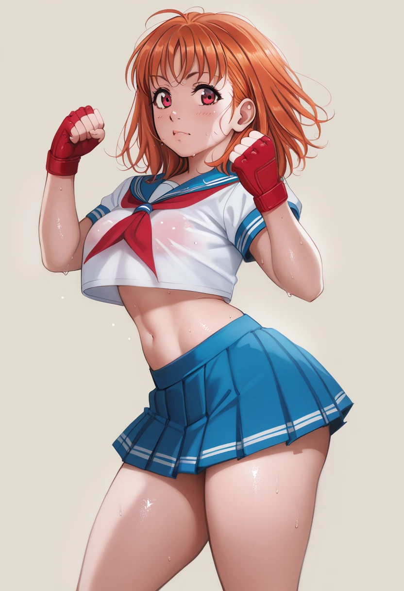 Solo,1girl, takami chika, medium hair, orange hair, red eyes,standing, sporty athletic build, confident pose, big breasts, breasts outlines, score_9, score_8_up, score_7_up, score_6_up,blue skirt, crop top, midriff, miniskirt, navel, sailor , school uniform, short sleeves, skirt, stomach, shirt, white shirt, red fingerless gloves,sweating, detailed body, shiny skin , p4l0m4, web comic,toned thighs, posing, simple background, clenched hands, slightly from side, inguinal fold,hip crease