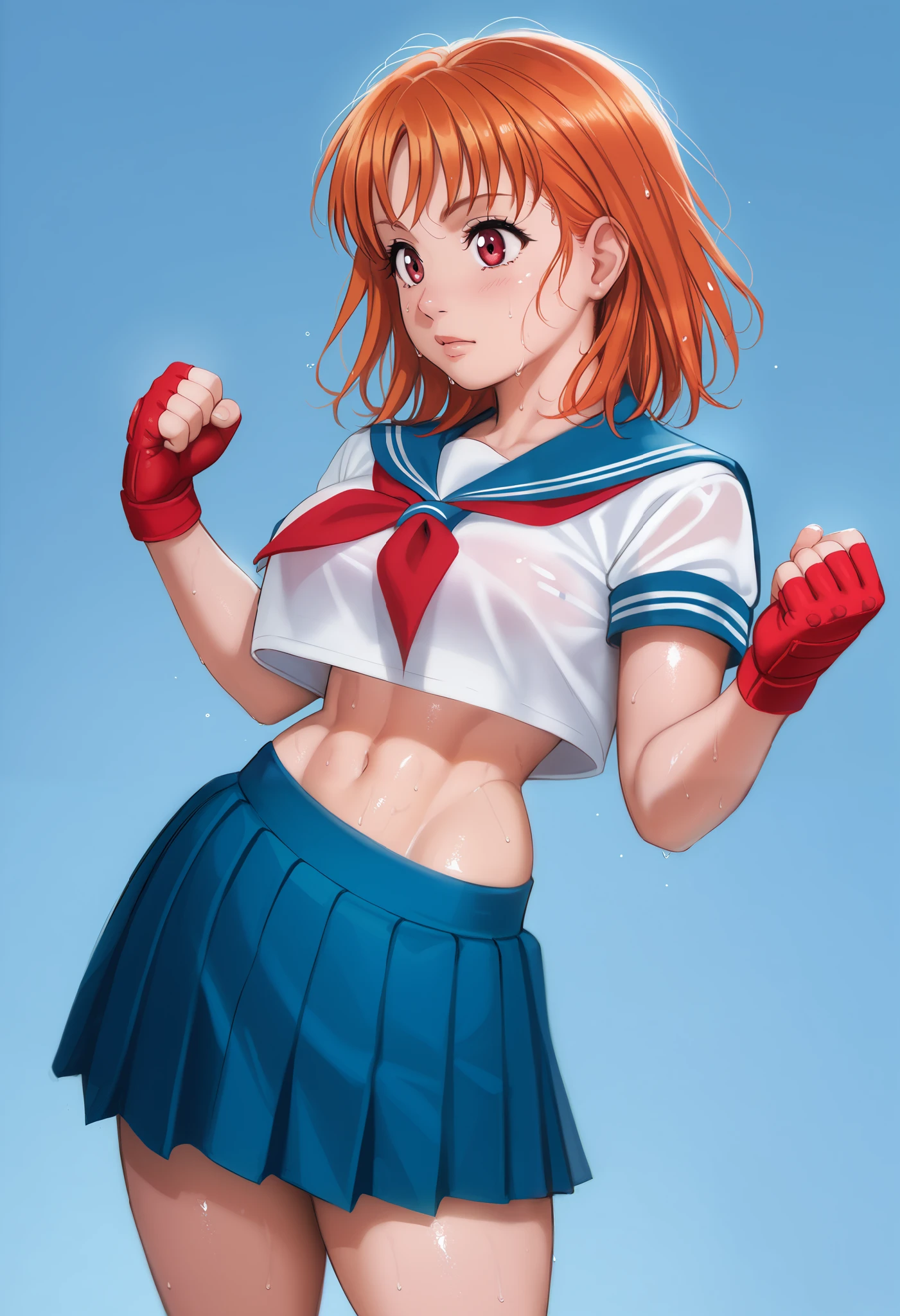 Solo,1girl, takami chika, medium hair, orange hair, red eyes,standing, sporty athletic build, confident pose, big breasts, breasts outlines, score_9, score_8_up, score_7_up, score_6_up,blue skirt, crop top, midriff, miniskirt, navel, sailor , school uniform, short sleeves, skirt, stomach, shirt, white shirt, red fingerless gloves,sweating, detailed body, shiny skin , p4l0m4, web comic,toned thighs, posing, simple background, clenched hands, slightly from side, inguinal fold,hip crease