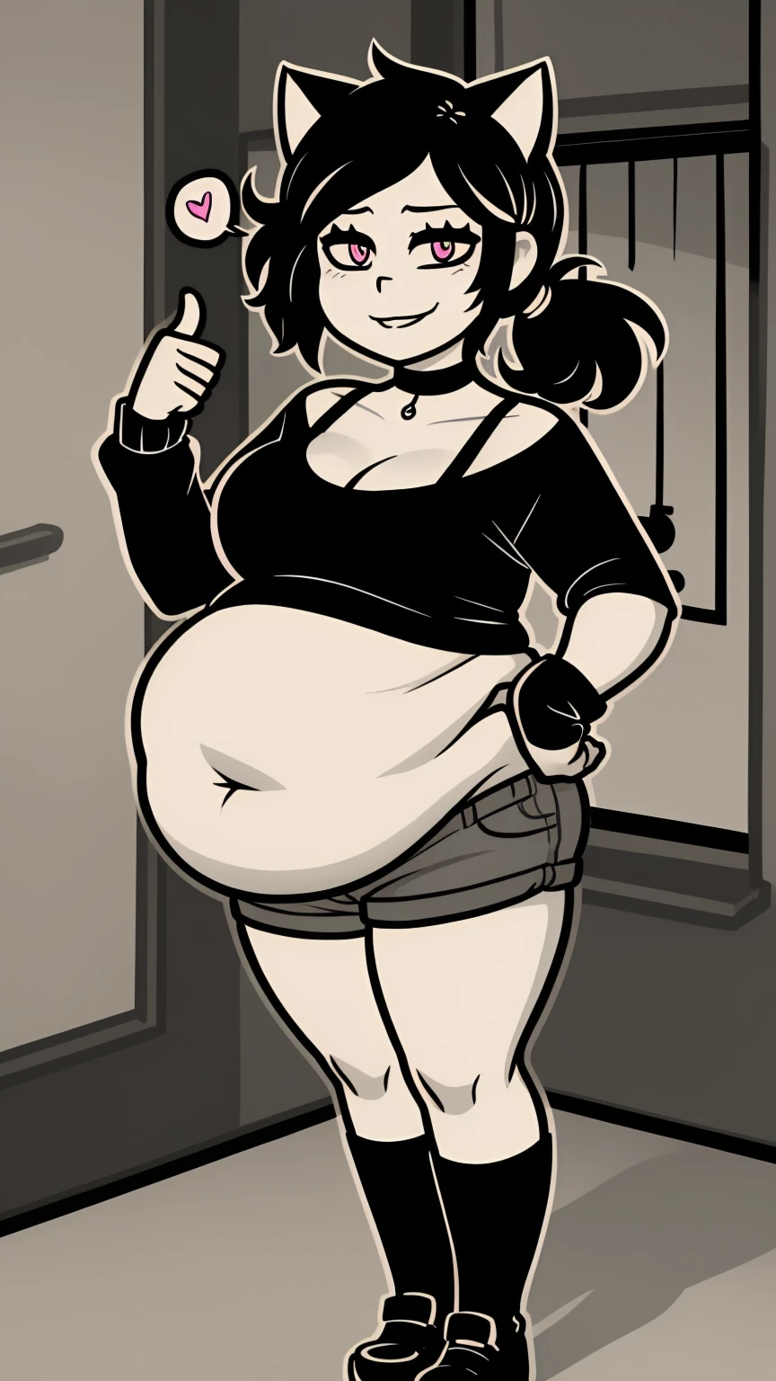 (Bloated belly:1.1)highres, ashleygraves, 1girl, solo, wide open eyes, pink eyes, low ponytail, white outline, monochrome, choker, indoors, smile, looking at viewer, <3, cat ears, full body, thumb up, one hand, spoken heart