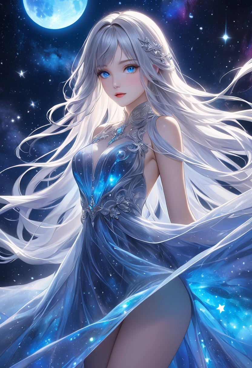   1 girl、 long silvery hair 、 beautiful blue eyes、(Bioluminescent Dress)、 fantastic and dreamy theme、 Mysterious Atmosphere、 amazing sight、Vast Universe、 Starlight 、nebula、十字 Starlight 、Mysterious digital art、 Silver Moon 、 detailed illustration art 、masterpiece、 best quality、 high definition、