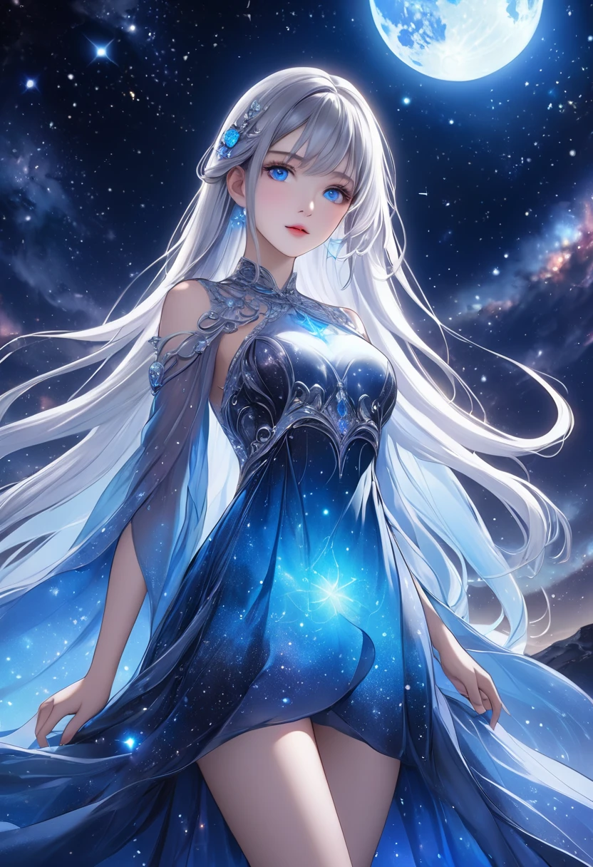   1 girl、 long silvery hair 、 beautiful blue eyes、(Bioluminescent Dress)、 fantastic and dreamy theme、 Mysterious Atmosphere、 amazing sight、Vast Universe、 Starlight 、nebula、十字 Starlight 、Mysterious digital art、 Silver Moon 、 detailed illustration art 、masterpiece、 best quality、 high definition、