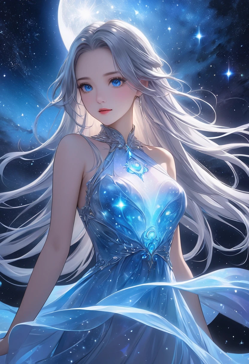   1 girl、 long silvery hair 、 beautiful blue eyes、(Bioluminescent Dress)、 fantastic and dreamy theme、 Mysterious Atmosphere、 amazing sight、Vast Universe、 Starlight 、nebula、十字 Starlight 、Mysterious digital art、 Silver Moon 、 detailed illustration art 、masterpiece、 best quality、 high definition、