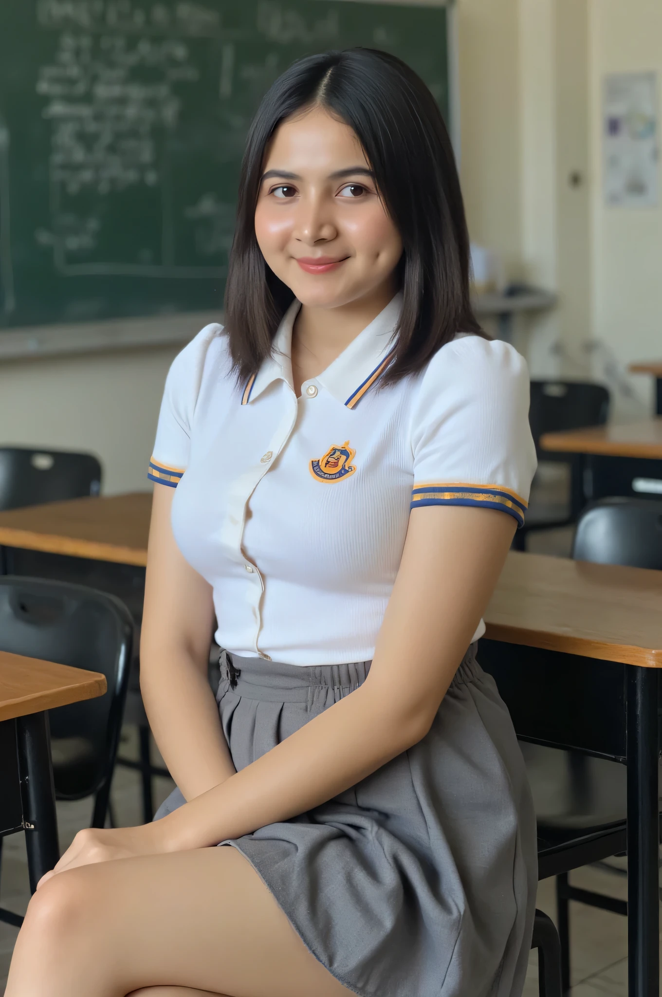  Beautiful Asian Indonesian girl 18 years old , wearing high school uniform , short sleeve white dress complete with gray mini skirt logo,  Big and tight breasts , sitting in the classroom ,  smiling looking at half-body focus camera  