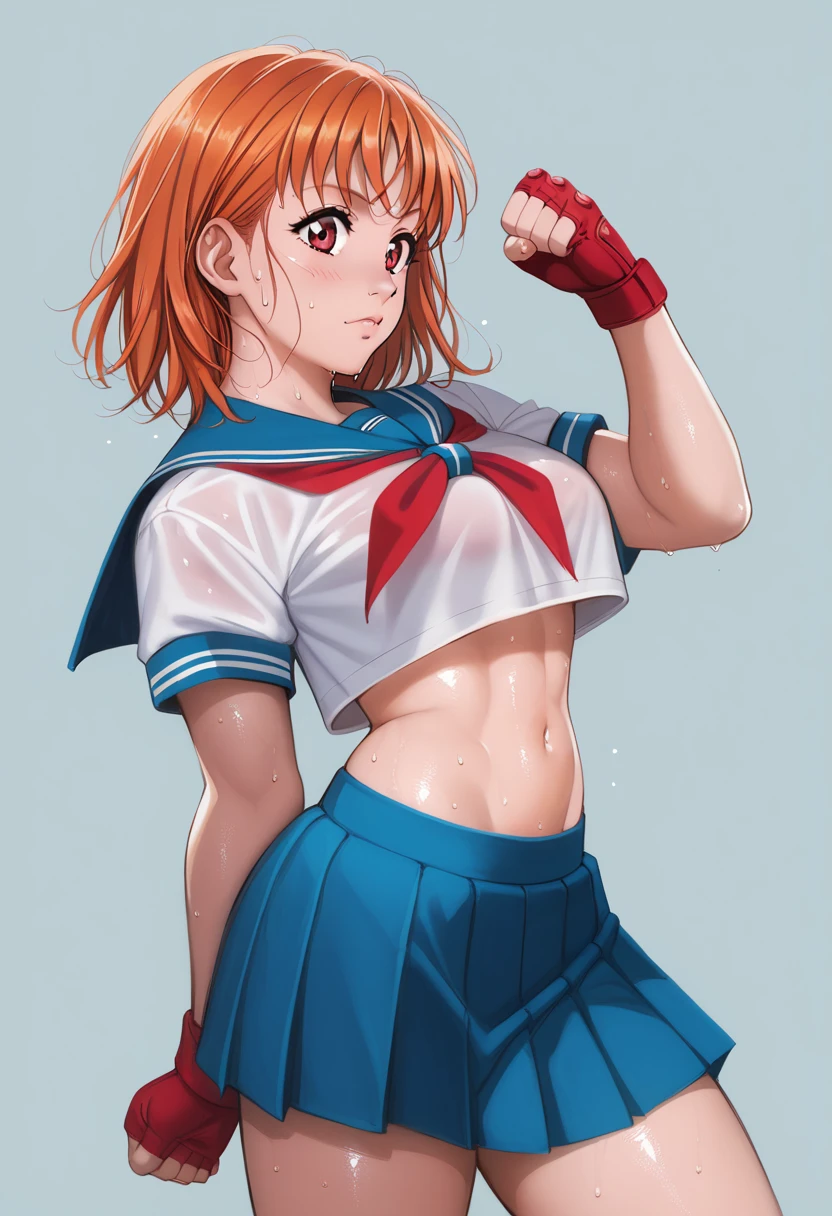 Solo,1girl, takami chika, medium hair, orange hair, red eyes,standing, sporty athletic build, confident pose, big breasts, breasts outlines, score_9, score_8_up, score_7_up, score_6_up,blue skirt, crop top, midriff, miniskirt, navel, sailor , school uniform, short sleeves, skirt, stomach, shirt, white shirt, red fingerless gloves,sweating, detailed body, shiny skin , p4l0m4, web comic, muscular thighs, posing, simple background, clenched hands, slightly from side, inguinal fold,hip crease