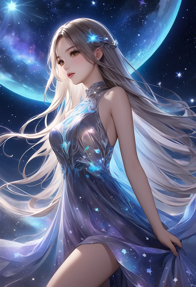   1 girl、 long silvery hair 、 beautiful brown eyes、(Bioluminescent Dress)、 fantastic and dreamy theme、 Mysterious Atmosphere、 amazing sight、Vast Universe、 Starlight 、nebula、十字 Starlight 、Mysterious digital art、 Silver Moon 、 detailed illustration art 、masterpiece、 best quality、 high definition、