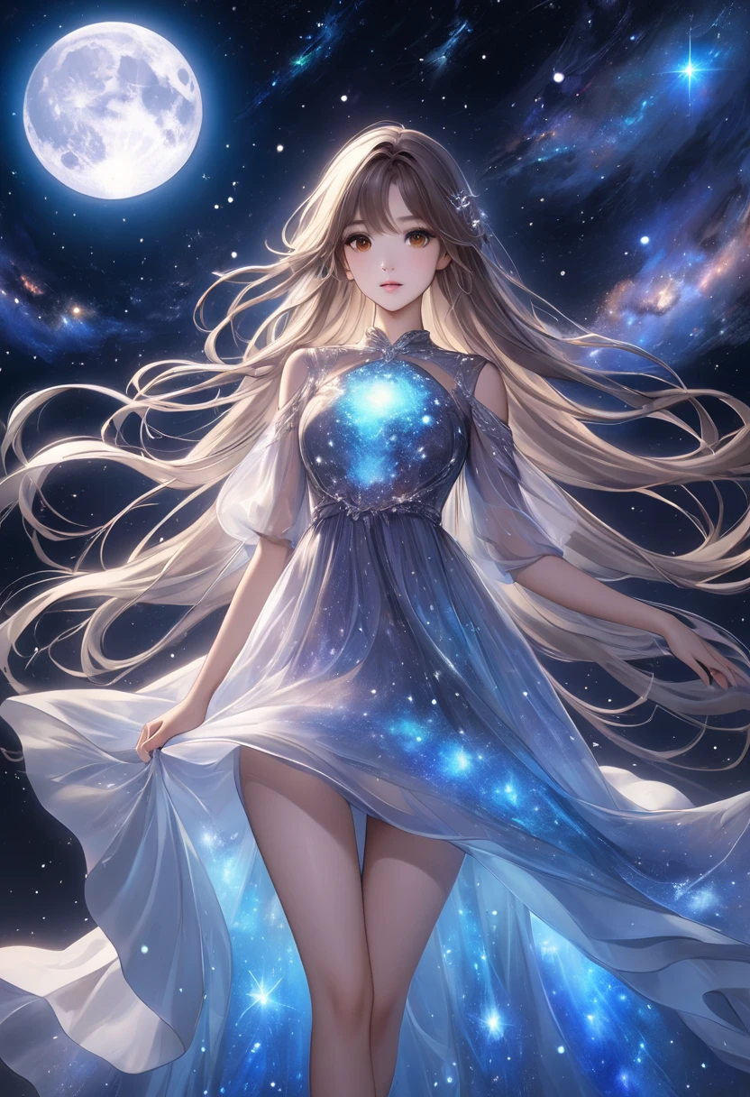   1 girl、 long silvery hair 、 beautiful brown eyes、(Bioluminescent Dress)、 fantastic and dreamy theme、 Mysterious Atmosphere、 amazing sight、Vast Universe、 Starlight 、nebula、十字 Starlight 、Mysterious digital art、 Silver Moon 、 detailed illustration art 、masterpiece、 best quality、 high definition、