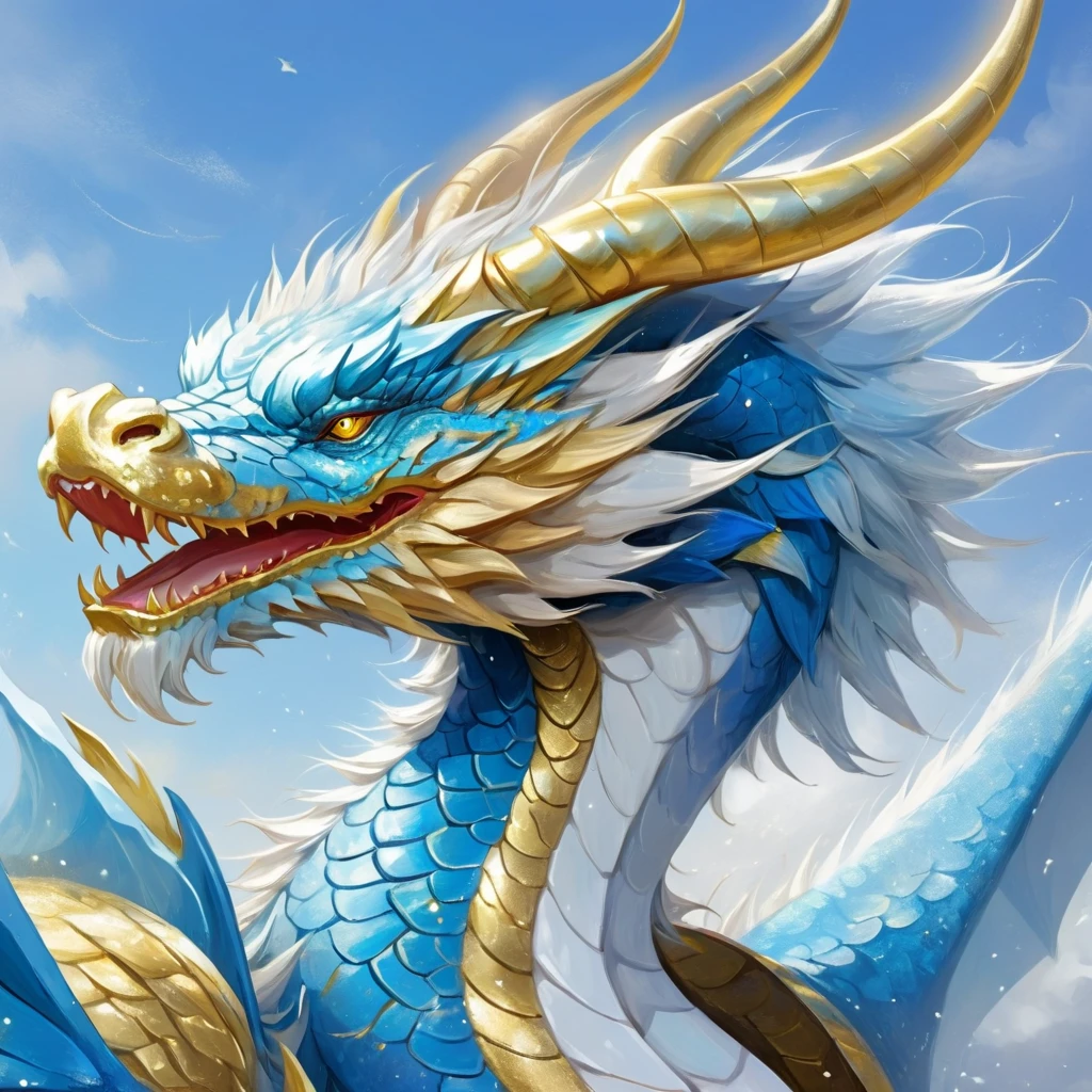 (masterpiece, best quality:1.2), Aegis Dragon with white blue-white sky-blue and yellow-gold color palette
，Rough texture，Hand-drawn style，