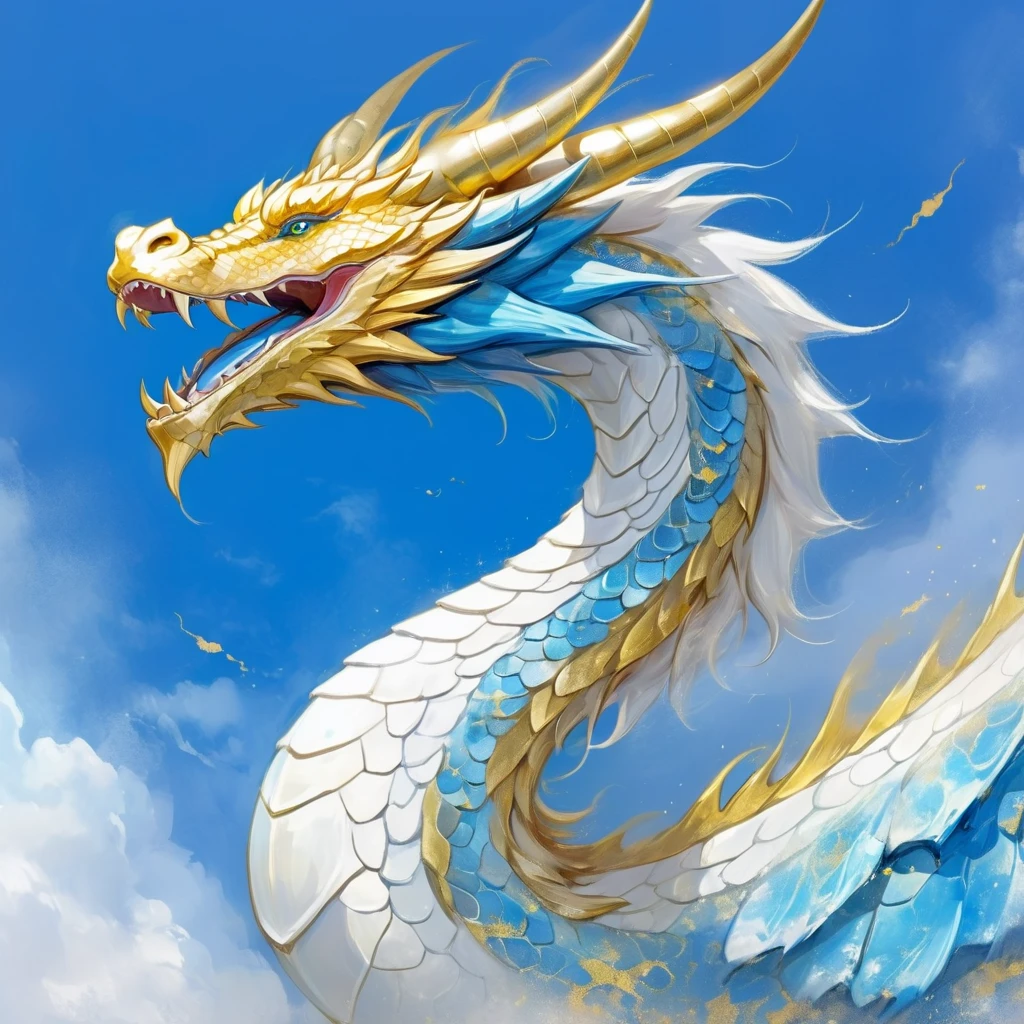 (masterpiece, best quality:1.2), Aegis Dragon with white blue-white sky-blue and yellow-gold color palette
，Rough texture，Hand-drawn style，