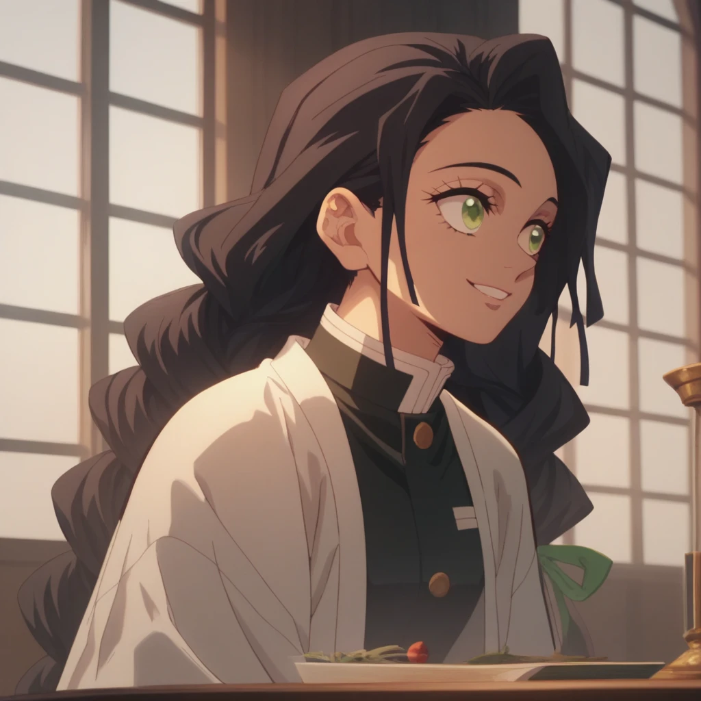 Anime screencap, Season 4 Ufotable studio, woman with long black hair, very long hair, wearing a black Demon Slayer uniform, jade green ribbon in hair, green ribbon in hair, ribbon in hair, smiling, face close up