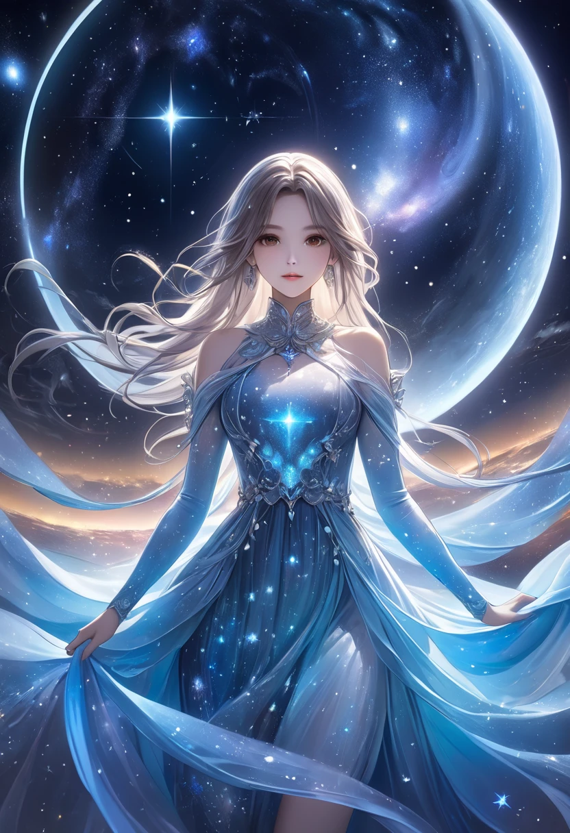   1 girl、 long silvery hair 、 beautiful brown eyes、(Bioluminescent Dress)、 fantastic and dreamy theme、 Mysterious Atmosphere、 amazing sight、Vast Universe、 Starlight 、nebula、十字 Starlight 、Mysterious digital art、 Silver Moon 、 detailed illustration art 、masterpiece、 best quality、 high definition、