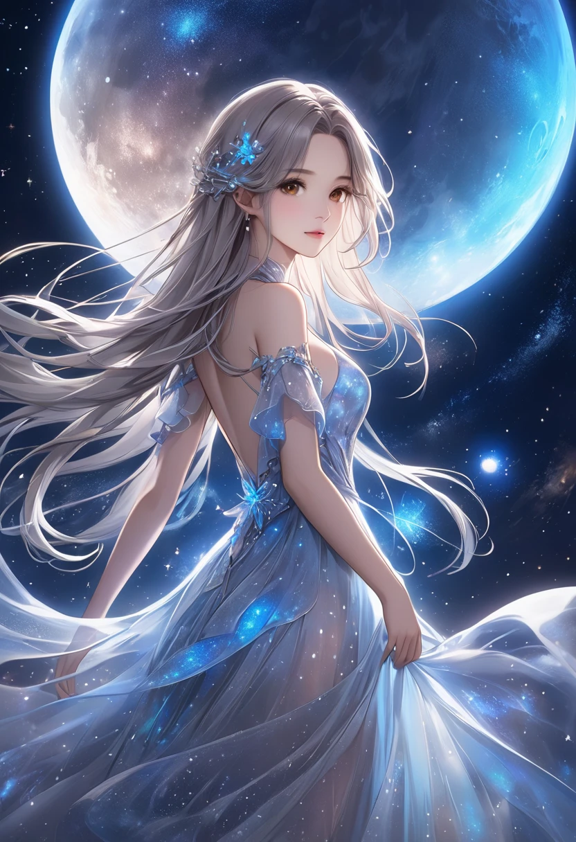   1 girl、 long silvery hair 、 beautiful brown eyes、(Bioluminescent Dress)、 fantastic and dreamy theme、 Mysterious Atmosphere、 amazing sight、Vast Universe、 Starlight 、nebula、十字 Starlight 、Mysterious digital art、 Silver Moon 、 detailed illustration art 、masterpiece、 best quality、 high definition、