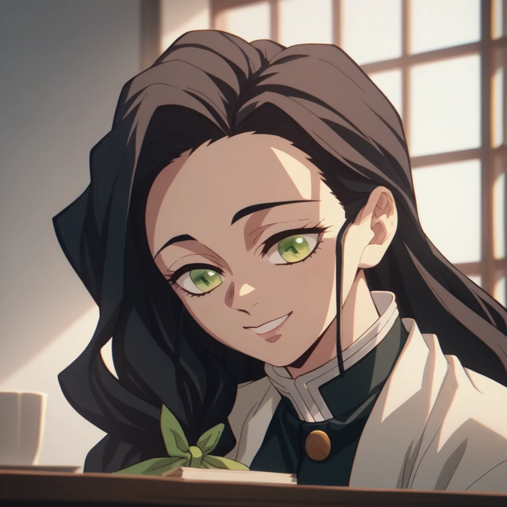 Anime screencap, Season 4 Ufotable studio, woman with long black hair, very long hair, wearing a black Demon Slayer uniform, jade green ribbon in hair, green ribbon in hair, ribbon in hair, smiling, face close up, facing viewer