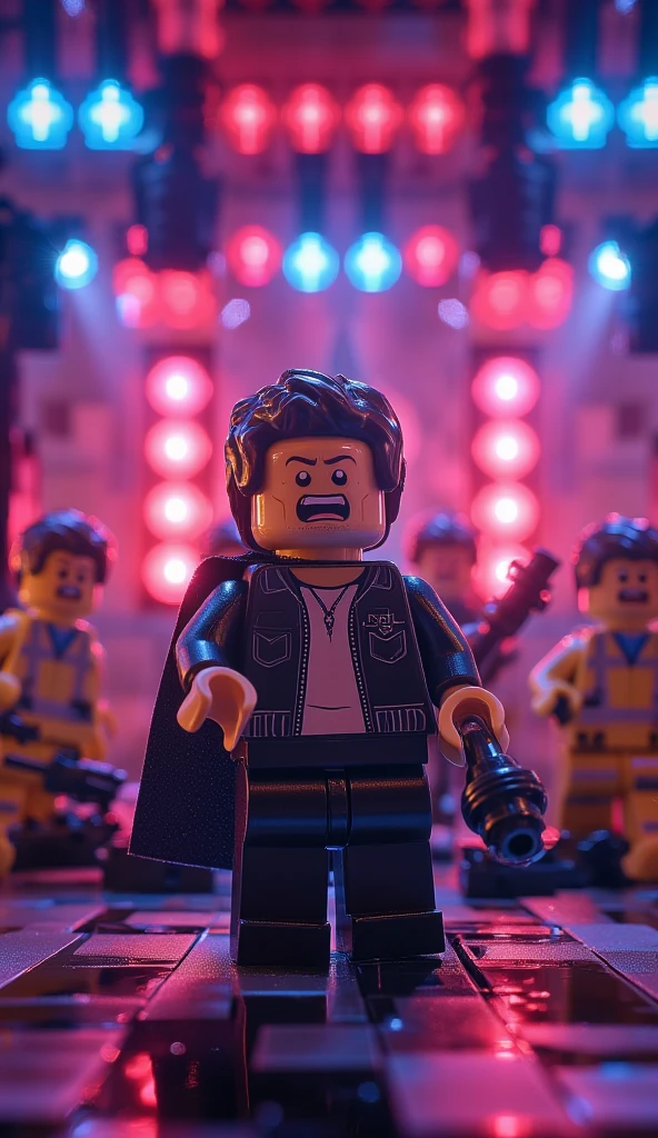 lego style, a cinematic shot of the singer Bruno Mars. He is happily singing holding a microphone putting on a great show on a brightly lit stage.