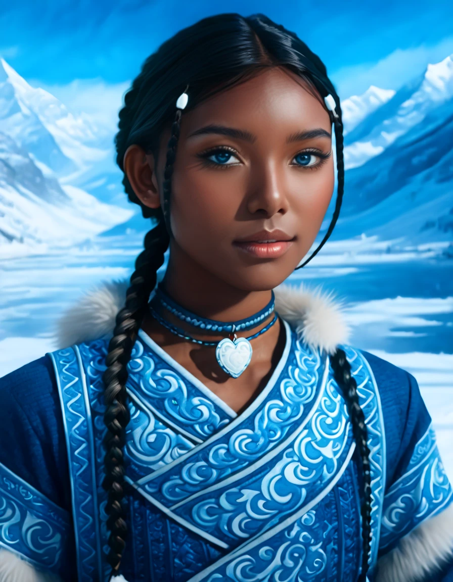 1 woman, (Katara from Avatar: The Last Airbender), (highly detailed), (realistic), (full-body), ((anime style)), (tools: tea cup, traditional waterbender artifacts), ((home setting, North Pole, snowy environment, snow-covered mountains, winter weather, water), standing confidently), (illustration by Artgerm, with a sense of realism:1.4), (perfect lighting, cinematic, lens flare, high contrast), (highlighted collar with intricate details), ((blue eyes:1.4)), (dark skin:1.8), (realistic textures, perfect anatomy), ((almond-shaped eyes reflecting Asian influences, vibrant blue, highly detailed, sparkling)), ((braids in the front, long lower braid, perfectly styled)), (detailed face, oval face, symmetrical facial features, seductive expression), ((Peach breasts)), ((heart-shaped butt)), ((thick thighs:1.2)), ((big ass)), ((cleavage)), (she’s sitting, enjoying tea in a traditional setting), (highly detailed background:1.2, snow-covered landscape with a clear sky, icy mountains, intricate home decor in the North Pole), (masterpiece illustration, high-quality details:1.4), (perfect body structure, realistic and symmetrical), (perfect hands, fingers, legs, feet, highly detailed), (amazing lighting, 3-point lighting setup, soft shadows), (close-up:1.2), (custom modern and sophisticated design, UHD, realistic textures), ((tribal water tribe clothing with fur dress)), ((depth of field: average, f/2.0)), ((camera angle: 3/4 view, 24mm wide-angle lens)), (high-definition full body with stunning details) --ar 4:5