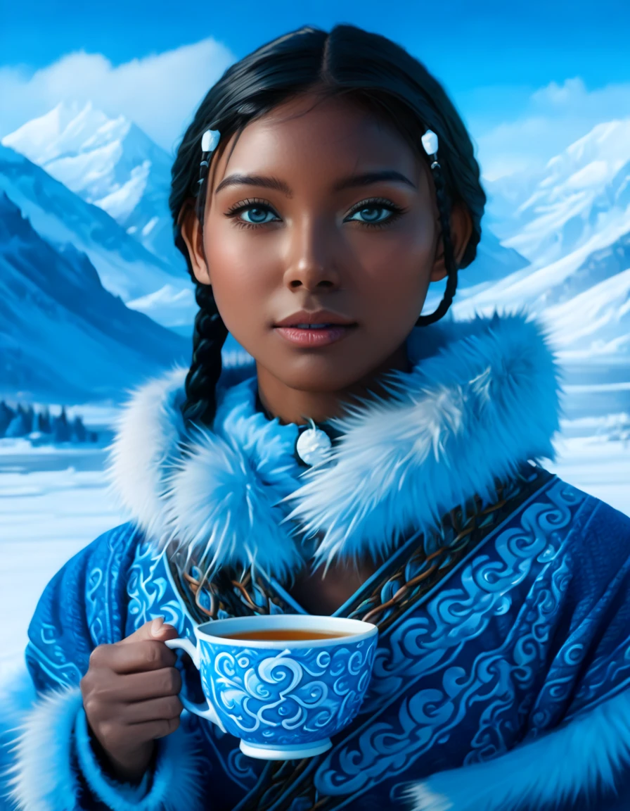 1 woman, (Katara from Avatar: The Last Airbender), (highly detailed), (realistic), (full-body), ((anime style)), (tools: tea cup, traditional waterbender artifacts), ((home setting, North Pole, snowy environment, snow-covered mountains, winter weather, water), standing confidently), (illustration by Artgerm, with a sense of realism:1.4), (perfect lighting, cinematic, lens flare, high contrast), (highlighted collar with intricate details), ((blue eyes:1.4)), (dark skin:1.8), (realistic textures, perfect anatomy), ((almond-shaped eyes reflecting Asian influences, vibrant blue, highly detailed, sparkling)), ((braids in the front, long lower braid, perfectly styled)), (detailed face, oval face, symmetrical facial features, seductive expression), ((Peach breasts)), ((heart-shaped butt)), ((thick thighs:1.2)), ((big ass)), ((cleavage)), (she’s sitting, enjoying tea in a traditional setting), (highly detailed background:1.2, snow-covered landscape with a clear sky, icy mountains, intricate home decor in the North Pole), (masterpiece illustration, high-quality details:1.4), (perfect body structure, realistic and symmetrical), (perfect hands, fingers, legs, feet, highly detailed), (amazing lighting, 3-point lighting setup, soft shadows), (close-up:1.2), (custom modern and sophisticated design, UHD, realistic textures), ((tribal water tribe clothing with fur dress)), ((depth of field: average, f/2.0)), ((camera angle: 3/4 view, 24mm wide-angle lens)), (high-definition full body with stunning details) --ar 4:5