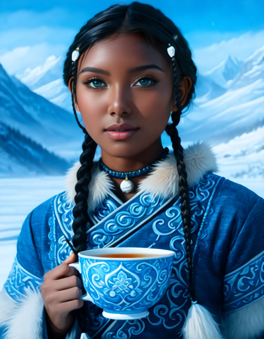 1 woman, (Katara from Avatar: The Last Airbender), (highly detailed), (realistic), (full-body), ((anime style)), (tools: tea cup, traditional waterbender artifacts), ((home setting, North Pole, snowy environment, snow-covered mountains, winter weather, water), standing confidently), (illustration by Artgerm, with a sense of realism:1.4), (perfect lighting, cinematic, lens flare, high contrast), (highlighted collar with intricate details), ((blue eyes:1.4)), (dark skin:1.8), (realistic textures, perfect anatomy), ((almond-shaped eyes reflecting Asian influences, vibrant blue, highly detailed, sparkling)), ((braids in the front, long lower braid, perfectly styled)), (detailed face, oval face, symmetrical facial features, seductive expression), ((Peach breasts)), ((heart-shaped butt)), ((thick thighs:1.2)), ((big ass)), ((cleavage)), (she’s sitting, enjoying tea in a traditional setting), (highly detailed background:1.2, snow-covered landscape with a clear sky, icy mountains, intricate home decor in the North Pole), (masterpiece illustration, high-quality details:1.4), (perfect body structure, realistic and symmetrical), (perfect hands, fingers, legs, feet, highly detailed), (amazing lighting, 3-point lighting setup, soft shadows), (close-up:1.2), (custom modern and sophisticated design, UHD, realistic textures), ((tribal water tribe clothing with fur dress)), ((depth of field: average, f/2.0)), ((camera angle: 3/4 view, 24mm wide-angle lens)), (high-definition full body with stunning details) --ar 4:5