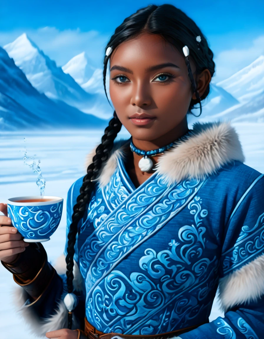 1 woman, (Katara from Avatar: The Last Airbender), (highly detailed), (realistic), (full-body), ((anime style)), (tools: tea cup, traditional waterbender artifacts), ((home setting, North Pole, snowy environment, snow-covered mountains, winter weather, water), standing confidently), (illustration by Artgerm, with a sense of realism:1.4), (perfect lighting, cinematic, lens flare, high contrast), (highlighted collar with intricate details), ((blue eyes:1.4)), (dark skin:1.8), (realistic textures, perfect anatomy), ((almond-shaped eyes reflecting Asian influences, vibrant blue, highly detailed, sparkling)), ((braids in the front, long lower braid, perfectly styled)), (detailed face, oval face, symmetrical facial features, seductive expression), ((Peach breasts)), ((heart-shaped butt)), ((thick thighs:1.2)), ((big ass)), ((cleavage)), (she’s sitting, enjoying tea in a traditional setting), (highly detailed background:1.2, snow-covered landscape with a clear sky, icy mountains, intricate home decor in the North Pole), (masterpiece illustration, high-quality details:1.4), (perfect body structure, realistic and symmetrical), (perfect hands, fingers, legs, feet, highly detailed), (amazing lighting, 3-point lighting setup, soft shadows), (close-up:1.2), (custom modern and sophisticated design, UHD, realistic textures), ((tribal water tribe clothing with fur dress)), ((depth of field: average, f/2.0)), ((camera angle: 3/4 view, 24mm wide-angle lens)), (high-definition full body with stunning details) --ar 4:5