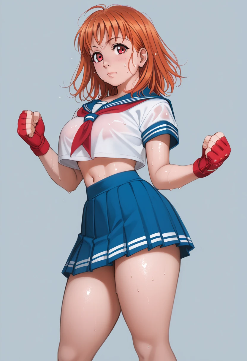 Solo,1girl, takami chika, medium hair, orange hair, red eyes,standing, sporty athletic build, confident pose, big breasts, breasts outlines, score_9, score_8_up, score_7_up, score_6_up,blue skirt, crop top, midriff, miniskirt, navel, sailor , school uniform, short sleeves, skirt, stomach, shirt, white shirt, red fingerless gloves,sweating, detailed body, shiny skin , p4l0m4, web comic,toned thighs, sexy pose, simple background, clenched hands, slightly from side, inguinal fold,hip crease