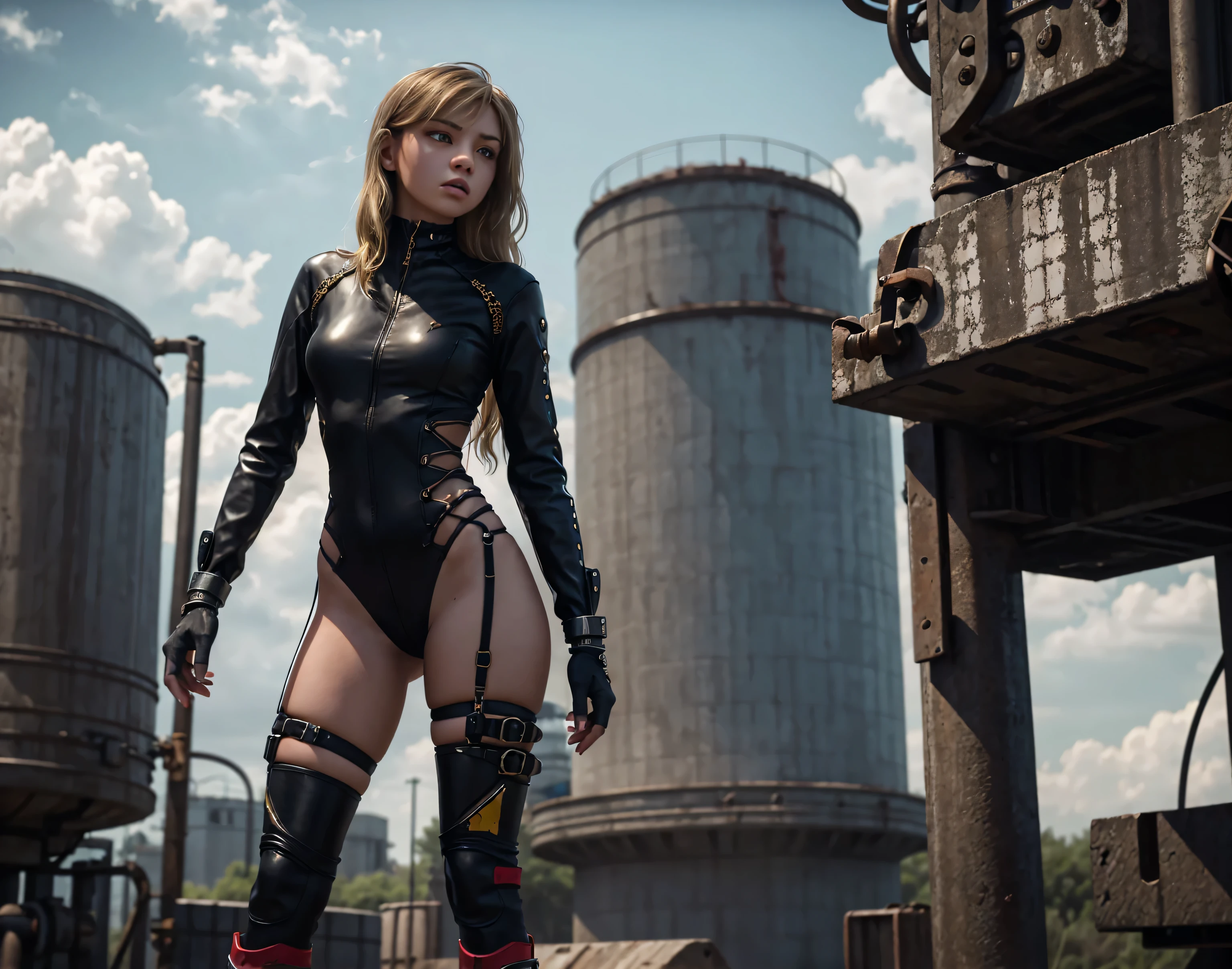 A powerful, futuristic female warrior standing confidently against a bright sky background. She has braided golden hair flowing dynamically in the wind. She wears a sleek black bodysuit with red accents, featuring detailed buckles and straps across her torso and legs, emphasizing a cyberpunk-inspired aesthetic. Her boots are tall, laced-up in red with platform heels, complementing her outfit. The background shows metallic structures or machinery, adding an industrial, sci-fi atmosphere to the scene. The lighting highlights the intricate textures of her outfit, making her appear strong and determined.