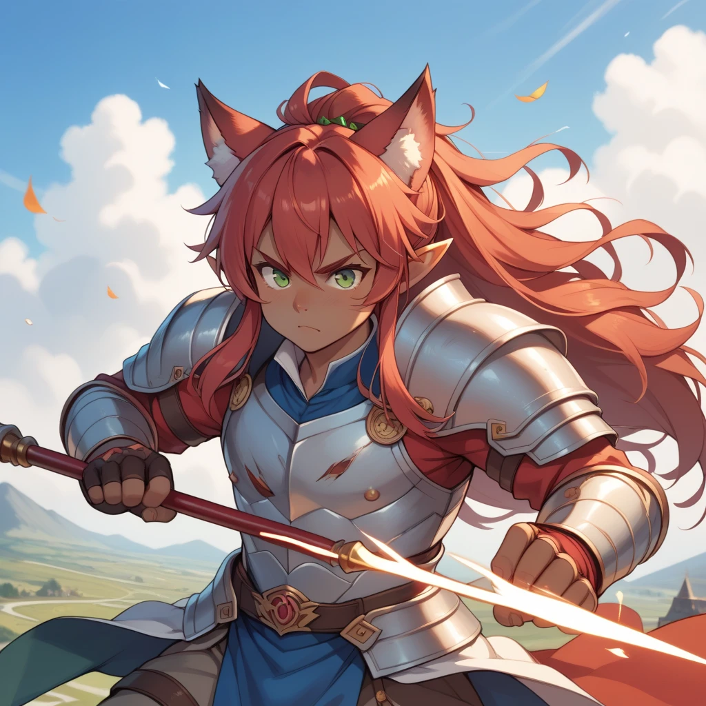 Young Kemono Elf Man Half Beast, Your hair and fur are red,  fighting in the middle of a plain,  her clothes are torn and her armor in pieces ,  her expression is fierce and her eyes are serious ,  in her left hand she holds an impressive spear with a long blue fabric that wraps around it,  her other hand is in a claw shape ,  her red hair wobbles in the wind ,  dark skin under the red fur , deep green eyes , iris feral,  animal ears ,  Wolf ears ,  body hair , Alone,  Battlefield,  magic and shadows in the background ,  long hair , by the bodies, Alone, 1 man. humanoid face.