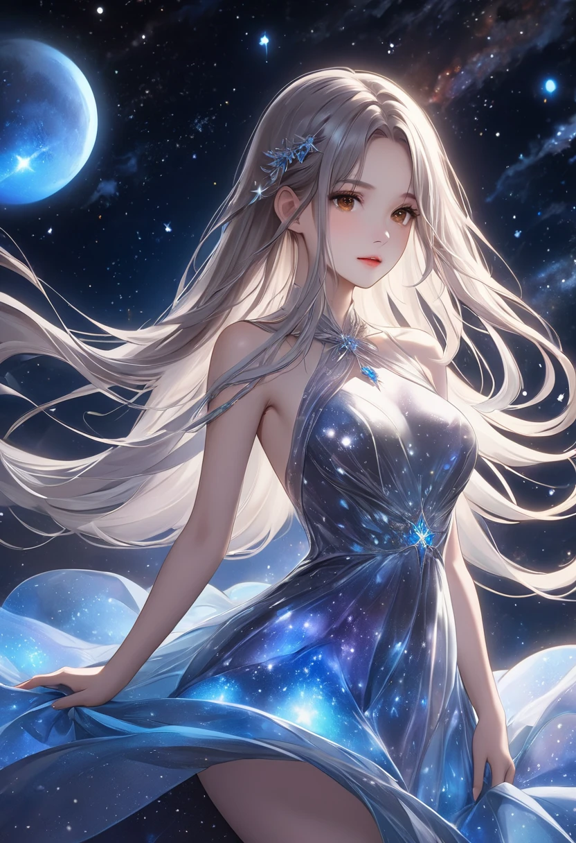   1 girl、 long silvery hair 、 beautiful brown eyes、(Bioluminescent Dress)、 Mysterious Atmosphere、 amazing sight、Vast Universe、 Starlight 、nebula、十字 Starlight 、 Silver Moon 、 detailed illustration art 、masterpiece、 best quality、 high definition、