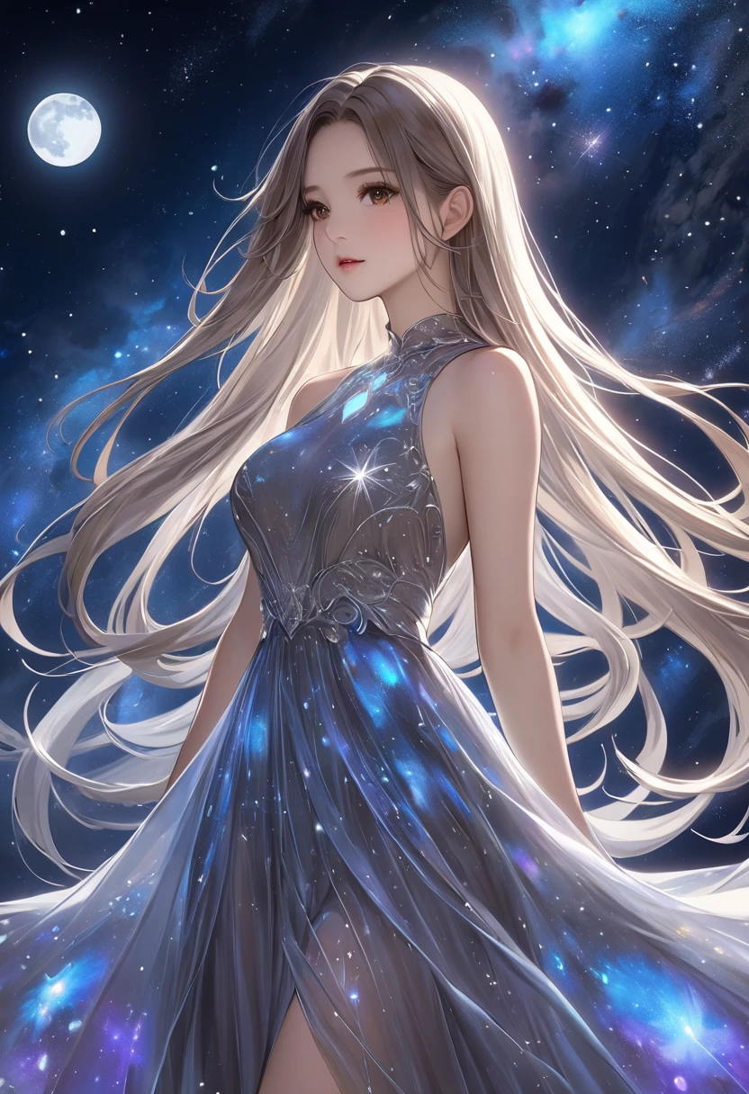   1 girl、 long silvery hair 、 beautiful brown eyes、(Bioluminescent Dress)、 Mysterious Atmosphere、 amazing sight、Vast Universe、 Starlight 、nebula、十字 Starlight 、 Silver Moon 、 detailed illustration art 、masterpiece、 best quality、 high definition、