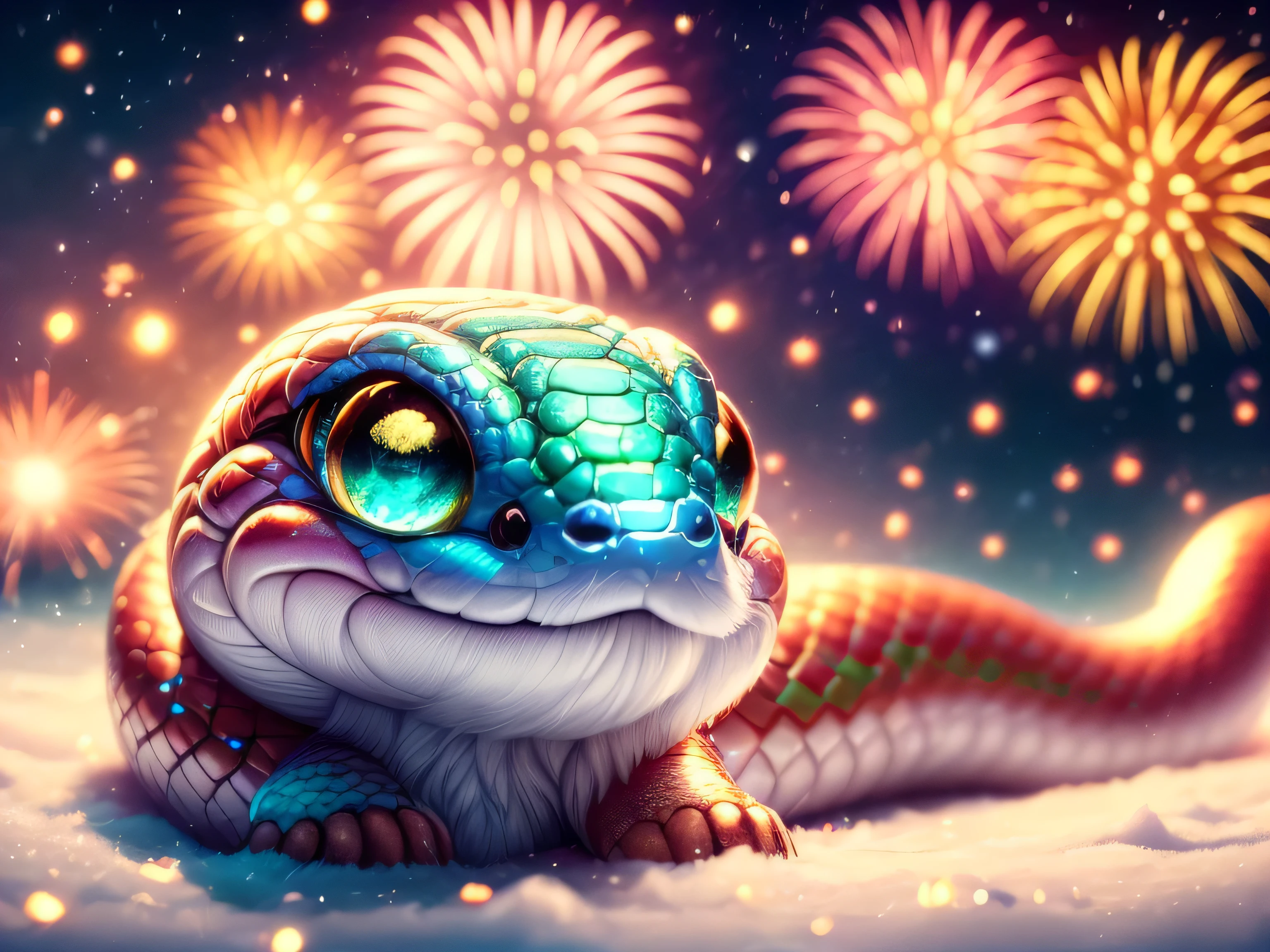 Magical Fantasy Creature, (Best Quality, Masterpiece, Representative Work, Official Art, Professional, Super Detailed, 8k:1.3), (Photorealism:1.2) Hyperrealistic fantasy art. Medium shot. Highly textured, hyperrealistic 3D render, Super Cute, A very cute little snake, curved in an "S" shape, with brightly colored scales. It wears a Santa hat on its head, giving it a playful and festive look. The snake sits on a snowy surface, its head raised, looking with delight at the sparkling fireworks exploding in the Christmas sky. The snake's eyes are large and full of admiration, reflecting the lights of the fireworks. in a bright and cheerful illustration style, with an emphasis on the cute features of the snake. rich and cheerful colors for the scales: a combination of green, red and white. The fireworks should be bright and varied, including gold and silver tones, creating a festive atmosphere. Convey a sense of joy and magic. The snake should look happy and excited, so that the viewer feels the atmosphere of the New Year holiday and magic. The background should be a night sky filled with bright fireworks that sparkle and develop in various shapes. Add snowdrifts and a few decorated Christmas trees to create a cozy and festive atmosphere. Soft focus with a soft volumetric glow. Gouves style artwork, Realism: 1.37, (super fine fantasy art), Masterpiece, high quality design and accurate physics, (super accurate fantasy style)) art, dark fantasy style)), super accurate design and accurate physics), color, depth of field, shadows, ray tracing, (accurate simulation of the interaction of light and materials)], intricate Christmas decorations, glowing garlands, sparkling ornaments, natural light, soft background, photorealistic, sparkling eyes, sharp focus, glowing skin, cute and mischievous look, hint of mischief, dreamy atmosphere, super glossy effect, fine details, soft ambient light, (Backlight: 1.3), (Cinematic: 1.2), intricate details, (ArtStation: 1.3)