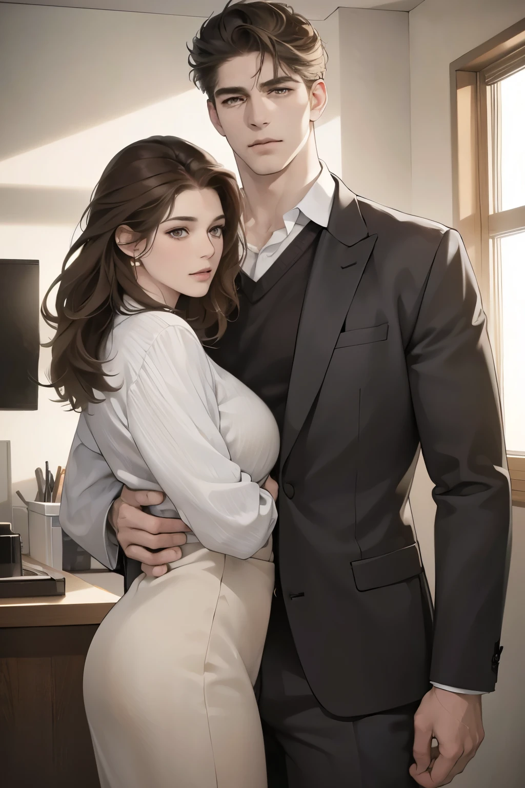 (Best quality,4K,8K,a high resolution,masterpiece:1.2),ultra detailed,(realistic,photorealistic,photo-realistic:1.37),handsome man and beautiful woman, only woman with massy hair, man with brown hair, Cinematic light, smooth tones, Realistic Textures, Masterpiece , normal clothes, DIFFARENT HAIR COLOR, 2 person, lover, couple, half body, man suit, woman suit, office