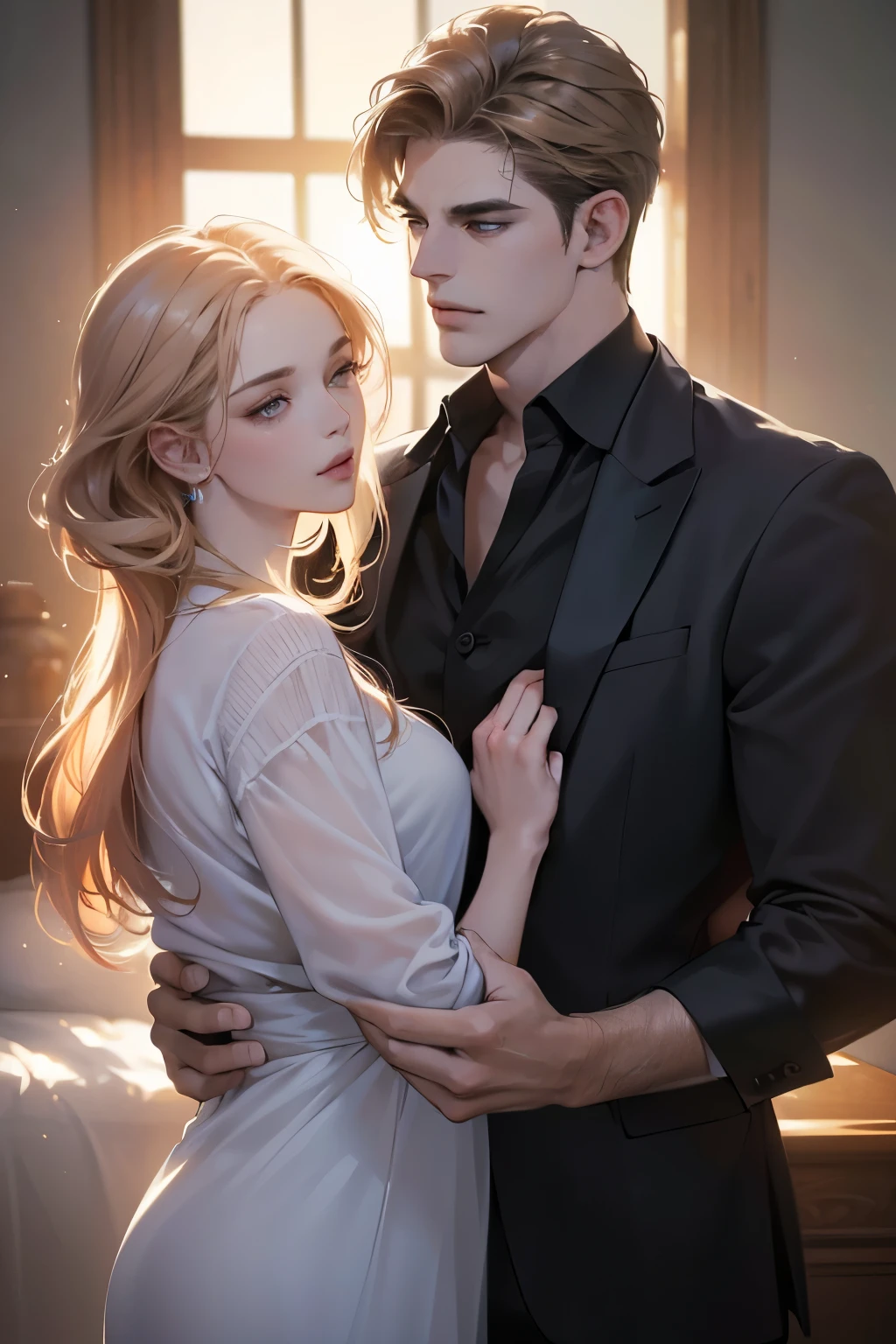 (Best quality,4K,8K,a high resolution,masterpiece:1.2),ultra detailed,(realistic,photorealistic,photo-realistic:1.37),handsome man and beautiful woman, Cinematic light, smooth tones, Realistic Textures, Masterpiece , normal clothes, DIFFARENT HAIR COLOR, 2 person, lover, couple, half body