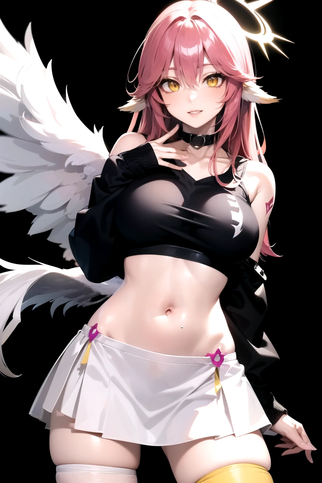 jibril, BREAK jibril, angel, angel wings, collar, animal ears, bird ears, compass rose halo, belly button, feathered wings, feathers, gradient hair, halo, long hair, low wings, multicolored hair, pink hair, symbol-shaped pupils, tattoos, chest tattoos, breast tattoos, thigh tattoos, tattooed, white wings, wing ears, wings, (yellow eyes:1.5), seductive look, seductive smile, smug, Shiny skin, wet, sweaty, sweat, oiled, big breast. Cleavage, clothing. Oil, lotion, slime, slimy.
BREAK thighhighs, long gloves. Fully clothed. Midriff, tank top, short shorts. Sweating, dripping, steam.
BREAK (masterpiece:1.2), best quality, high resolution, unity 8k wallpaper, (illustration:0.8), (beautiful detailed eyes:1.6), extremely detailed face, perfect lighting, extremely detailed CG, (perfect hands, perfect anatomy), narrow eyes.