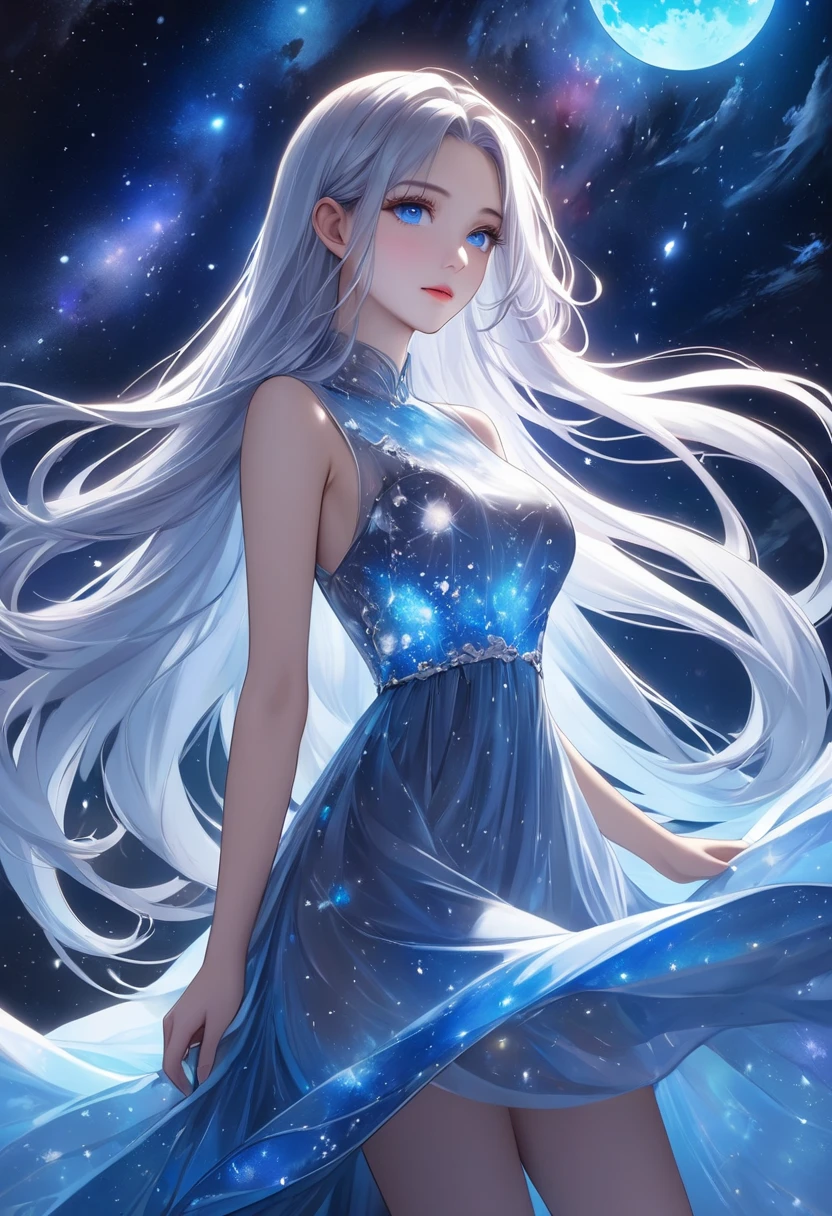   1 girl、 long silvery hair 、 beautiful blue eyes、(Bioluminescent Dress)、 Mysterious Atmosphere、 amazing sight、Vast Universe、 Starlight 、nebula、十字 Starlight 、 Silver Moon 、 detailed illustration art 、masterpiece、 best quality、 high definition、