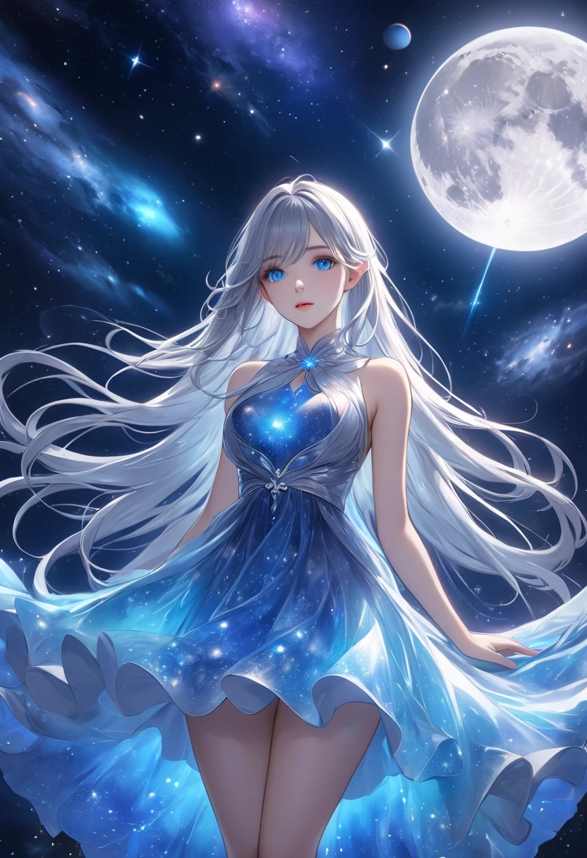   1 girl、 long silvery hair 、 beautiful blue eyes、(Bioluminescent Dress)、 Mysterious Atmosphere、 amazing sight、Vast Universe、 Starlight 、nebula、十字 Starlight 、 Silver Moon 、 detailed illustration art 、masterpiece、 best quality、 high definition、