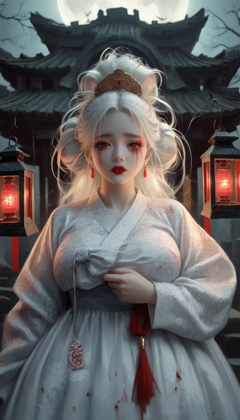 (masterpiece,   best quality  :1.2),  1 woman,   alone, Maiden Ghost Monster,   Korean , Hanbok,  White Sobu , White hair, Temple, I, (  huge boobs   :1.4),   Red Eyes, Lantern  ,   long hair tied up  ,  clear skin ,  Black Eye Line , Red lips, sad expression, Shedding tears of blood,  cool atmosphere, 