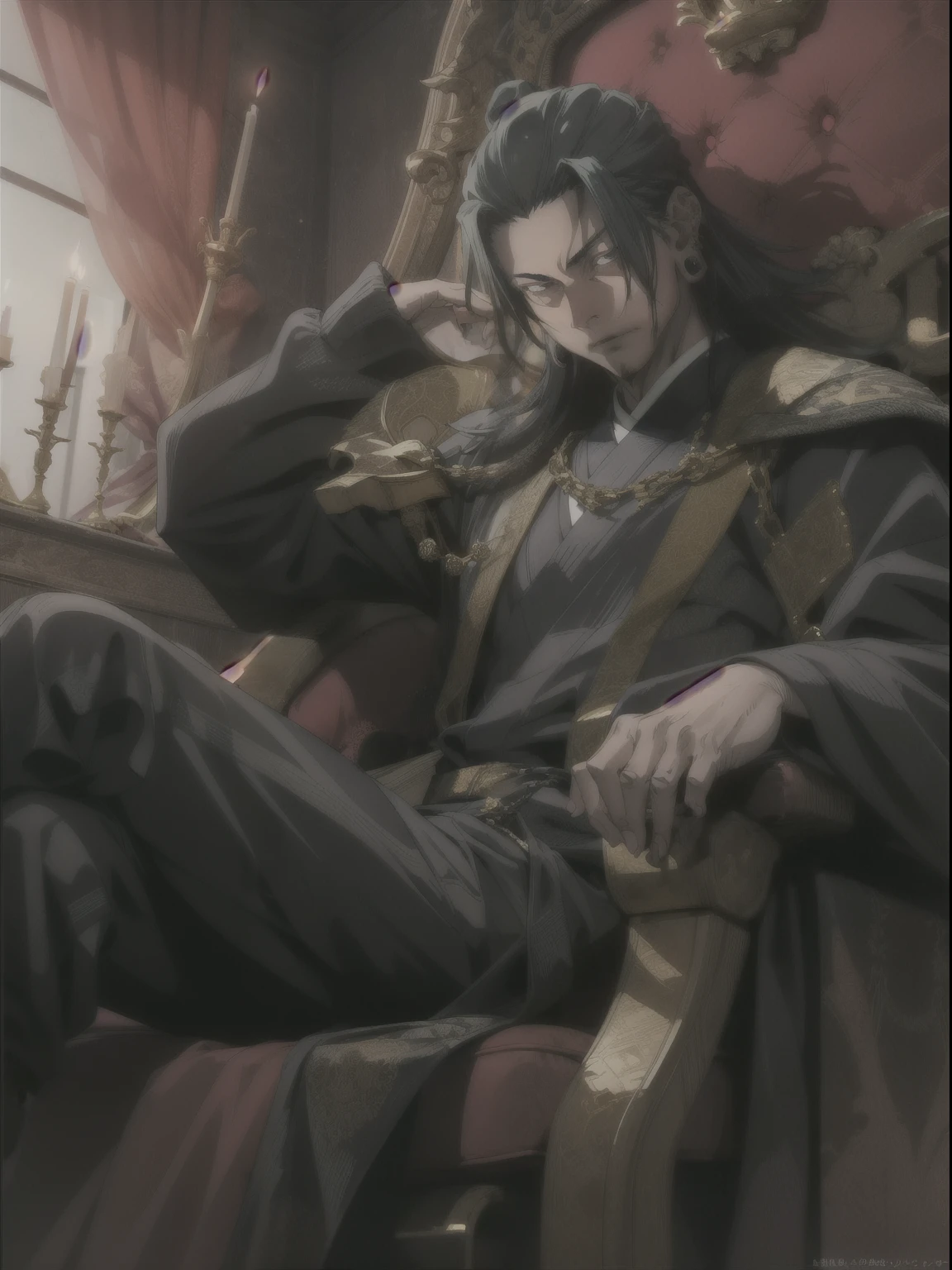 Depict Suguru Geto sitting regally on an ornate throne in a dimly lit, gothic-style temple. The throne has a crimson-red backrest, adorned with intricate gold carvings and symbols of power. Suguru Geto has long, jet-black hair tied loosely in a half-up style, with strands framing his sharp, refined face. His piercing eyes glow faintly, exuding an air of dominance and calm menace.

He wears a luxurious black robe intricately embroidered with gold patterns, resembling traditional Japanese motifs and gothic designs. Gold clasps and chains adorn his chest, and the sleeves flow elegantly. The setting is illuminated by tall golden candelabras with flickering candles, casting a warm, ethereal light. Deep crimson curtains drape around the scene, adding a dramatic and ominous atmosphere. The entire composition captures Suguru Geto’s commanding presence, blending mystery, elegance, and power