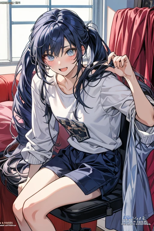 (masterpiece、Highest quality、Very detailed))、One girl、Black Hair、Long Hair、straight、Grey Eyes、evil smile、Cat ear、((lots of piercings))、((Small breasts))、((White shirt))、A bow tie、((cardigan))、((light blue Plaid miniskirt:1.3))、black socks、sitting、((knees up))、((white panties))、On the bed、Bedroom Background