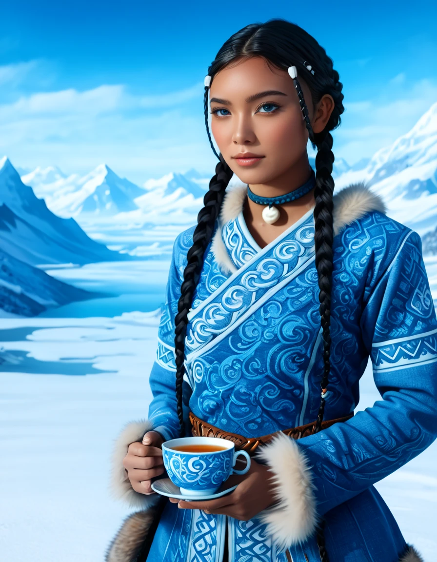 1 woman, (Katara from Avatar: The Last Airbender), (highly detailed), (realistic), (full-body), ((anime style)), (tools: tea cup, traditional waterbender artifacts), ((home setting, North Pole, snowy environment, snow-covered mountains, winter weather, water), standing confidently), (illustration by Artgerm, with a sense of realism:1.4), (perfect lighting, cinematic, lens flare, high contrast), (highlighted collar with intricate details), ((blue eyes:1.4)), (dark skin:1.5), (realistic textures, perfect anatomy), ((almond-shaped eyes reflecting Asian influences, vibrant blue, highly detailed, sparkling)), ((braids in the front, long lower braid, perfectly styled)), (detailed face, oval face, symmetrical facial features, seductive expression), ((Peach breasts)), ((heart-shaped butt)), ((thick thighs:1.2)), ((big ass)), ((cleavage)), (she's sitting, enjoying tea in a traditional setting), (highly detailed background:1.2, snow-covered landscape with a clear sky, icy mountains, intricate home decor in the North Pole), (masterpiece illustration, high-quality details:1.4), (perfect body structure, realistic and symmetrical), (perfect hands, fingers, legs, feet, highly detailed), (amazing lighting, 3-point lighting setup, soft shadows), (close-up:1.2), (custom modern and sophisticated design, UHD, realistic textures), ((tribal water tribe clothing with fur dress)), ((depth of field: average, f/2.0)), ((camera angle: 3/4 view, 24mm wide-angle lens)), (high-definition full-body with stunning details)