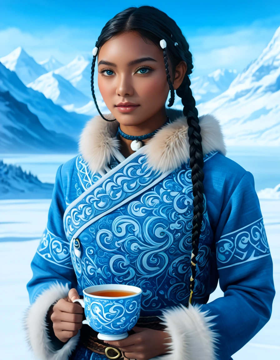 1 woman, (Katara from Avatar: The Last Airbender), (highly detailed), (realistic), (full-body), ((anime style)), (tools: tea cup, traditional waterbender artifacts), ((home setting, North Pole, snowy environment, snow-covered mountains, winter weather, water), standing confidently), (illustration by Artgerm, with a sense of realism:1.4), (perfect lighting, cinematic, lens flare, high contrast), (highlighted collar with intricate details), ((blue eyes:1.4)), (dark skin:1.5), (realistic textures, perfect anatomy), ((almond-shaped eyes reflecting Asian influences, vibrant blue, highly detailed, sparkling)), ((braids in the front, long lower braid, perfectly styled)), (detailed face, oval face, symmetrical facial features, seductive expression), ((Peach breasts)), ((heart-shaped butt)), ((thick thighs:1.2)), ((big ass)), ((cleavage)), (she's sitting, enjoying tea in a traditional setting), (highly detailed background:1.2, snow-covered landscape with a clear sky, icy mountains, intricate home decor in the North Pole), (masterpiece illustration, high-quality details:1.4), (perfect body structure, realistic and symmetrical), (perfect hands, fingers, legs, feet, highly detailed), (amazing lighting, 3-point lighting setup, soft shadows), (close-up:1.2), (custom modern and sophisticated design, UHD, realistic textures), ((tribal water tribe clothing with fur dress)), ((depth of field: average, f/2.0)), ((camera angle: 3/4 view, 24mm wide-angle lens)), (high-definition full-body with stunning details)