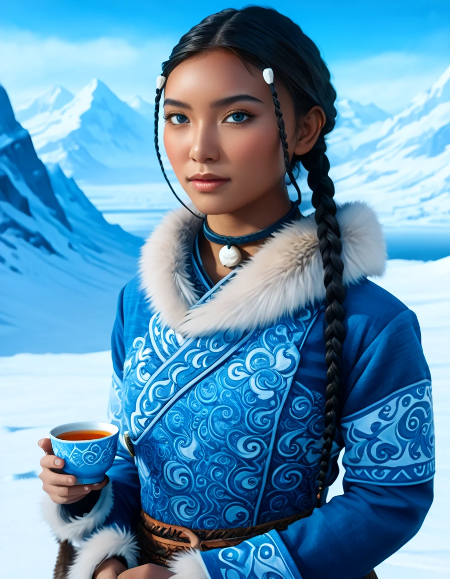 1 woman, (Katara from Avatar: The Last Airbender), (highly detailed), (realistic), (full-body), ((anime style)), (tools: tea cup, traditional waterbender artifacts), ((home setting, North Pole, snowy environment, snow-covered mountains, winter weather, water), standing confidently), (illustration by Artgerm, with a sense of realism:1.4), (perfect lighting, cinematic, lens flare, high contrast), (highlighted collar with intricate details), ((blue eyes:1.4)), (dark skin:1.5), (realistic textures, perfect anatomy), ((almond-shaped eyes reflecting Asian influences, vibrant blue, highly detailed, sparkling)), ((braids in the front, long lower braid, perfectly styled)), (detailed face, oval face, symmetrical facial features, seductive expression), ((Peach breasts)), ((heart-shaped butt)), ((thick thighs:1.2)), ((big ass)), ((cleavage)), (she's sitting, enjoying tea in a traditional setting), (highly detailed background:1.2, snow-covered landscape with a clear sky, icy mountains, intricate home decor in the North Pole), (masterpiece illustration, high-quality details:1.4), (perfect body structure, realistic and symmetrical), (perfect hands, fingers, legs, feet, highly detailed), (amazing lighting, 3-point lighting setup, soft shadows), (close-up:1.2), (custom modern and sophisticated design, UHD, realistic textures), ((tribal water tribe clothing with fur dress)), ((depth of field: average, f/2.0)), ((camera angle: 3/4 view, 24mm wide-angle lens)), (high-definition full-body with stunning details)