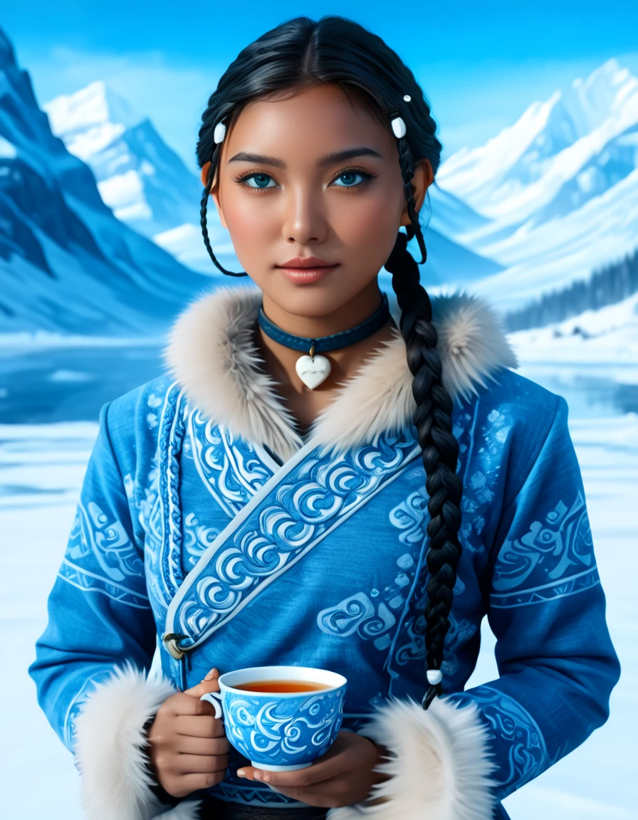 1 woman, (Katara from Avatar: The Last Airbender), (highly detailed), (realistic), (full-body), ((anime style)), (tools: tea cup, traditional waterbender artifacts), ((home setting, North Pole, snowy environment, snow-covered mountains, winter weather, water), standing confidently), (illustration by Artgerm, with a sense of realism:1.4), (perfect lighting, cinematic, lens flare, high contrast), (highlighted collar with intricate details), ((blue eyes:1.4)), (dark skin:1.5), (realistic textures, perfect anatomy), ((almond-shaped eyes reflecting Asian influences, vibrant blue, highly detailed, sparkling)), ((braids in the front, long lower braid, perfectly styled)), (detailed face, oval face, symmetrical facial features, seductive expression), ((Peach breasts)), ((heart-shaped butt)), ((thick thighs:1.2)), ((big ass)), ((cleavage)), (she's sitting, enjoying tea in a traditional setting), (highly detailed background:1.2, snow-covered landscape with a clear sky, icy mountains, intricate home decor in the North Pole), (masterpiece illustration, high-quality details:1.4), (perfect body structure, realistic and symmetrical), (perfect hands, fingers, legs, feet, highly detailed), (amazing lighting, 3-point lighting setup, soft shadows), (close-up:1.2), (custom modern and sophisticated design, UHD, realistic textures), ((tribal water tribe clothing with fur dress)), ((depth of field: average, f/2.0)), ((camera angle: 3/4 view, 24mm wide-angle lens)), (high-definition full-body with stunning details)