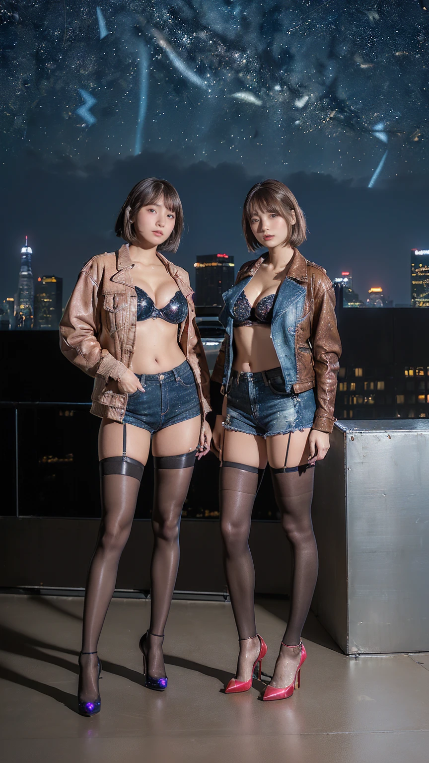 ((Small breasts:1.5))、((Full body photo:1.6))、((Brown short bob cut:1.7))、Feminine Cute Underwear woman, Blue LED light, Cute Underwear:1.6, Cleavage, high tech, Ultra-high resolution, 32K, (In underwear:1.7), (detailed:1.4), Cyberpunk City Background, Rainy Street, Beautiful Face, Professional Lighting, masterpiece, Very delicate and beautiful, Professional photos, Prostitute