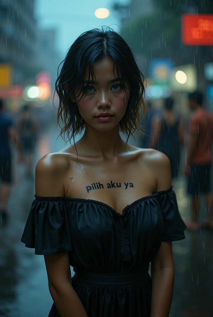 Young Indonesian woman standing, ((On City Street)), ((Fully clothed)), ((Off-the-shoulder t-shirt dress)),((Barefoot)), black with short hair, slim body, two-tone hair color, evening, Light grey, Overcast, Detailed background, Dark, busy street, busy street, Cinematic, pessimistic, Works, Best quality, RAW photo, close up, zoomed in, Photorealistic, ((see viewer)), Hold yourself, Translucent, soaked, beautiful realistic photos, Real fantasy photos, Close-up, Tight Frame, 8K, Highly detailed, Detailed skin, Blue eyes, Dark skin, ((Soaked)), ((Soaked) ), (Dripping water), Loose clothes, on the chest, on the nipples it says "(PILIH AKU YA)" with the correct spelling, wet street, Whole body wet, dripping wet hair, point of view, (posing for photo) Portrait, Close -up, bottom corner, Fog, ((heavy rain)), ((foggy rain)) , Rain on face, wet face, Shallow depth of field