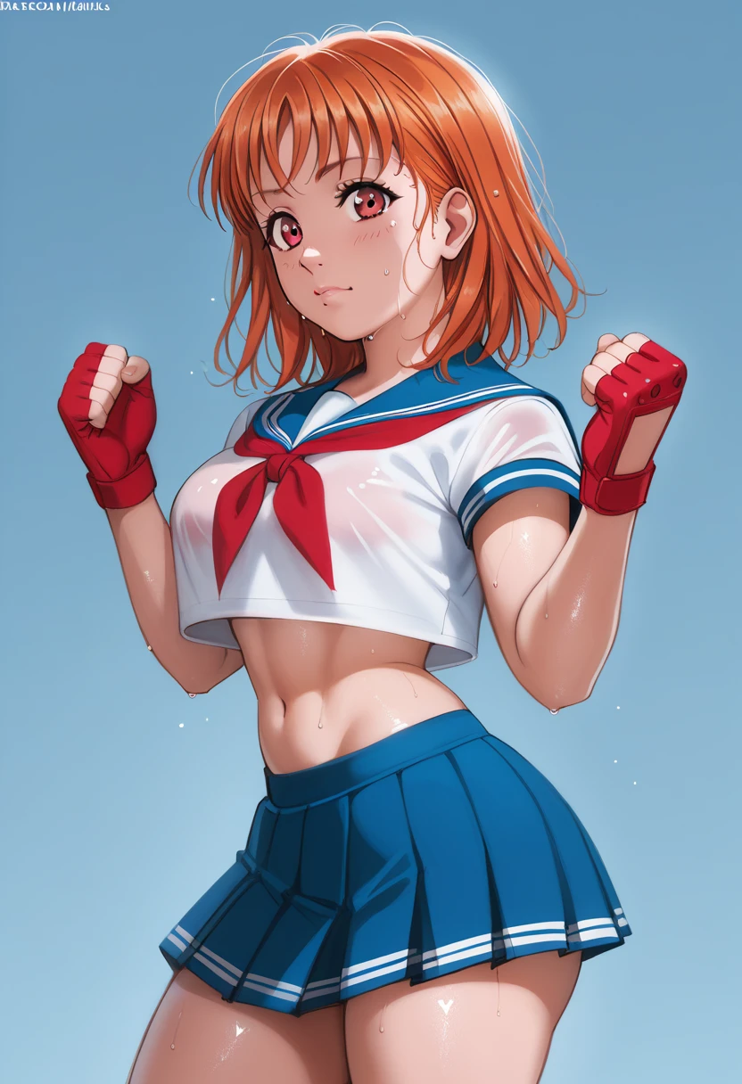 Solo,1girl, takami chika, medium hair, orange hair, red eyes,standing, sporty athletic build, confident pose, big breasts, breasts outlines, score_9, score_8_up, score_7_up, score_6_up,blue skirt, crop top, midriff, miniskirt, navel, sailor , school uniform, short sleeves, skirt, stomach, shirt, white shirt, red fingerless gloves,sweating, detailed body, shiny skin , p4l0m4, web comic,toned thighs, sexy pose, simple background, clenched hands, slightly from side, inguinal fold,hip crease,NSFW