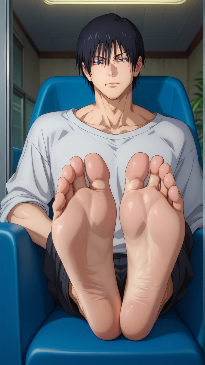 score_9, score_8_up, score_7_up, source_anime, looking at viewer, , depth of field, 1boy, solo, bare feet focus, touji_fushiguro, black hair, black eyes, short hair, hair between eyes, bangs, , , Touji is displaying his bare feet (soles) towards us and in front of us while he is sitting on a chair. His bare feet are close to us (focusing on his soles)(close up on soles)