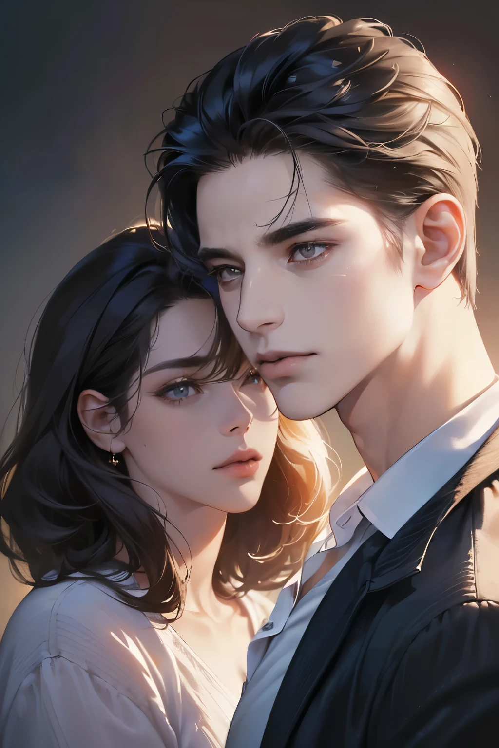 (Best quality,4K,8K,a high resolution,masterpiece:1.2),ultra detailed,(realistic,photorealistic,photo-realistic:1.37),handsome man and beautiful woman, Cinematic light, smooth tones, Realistic Textures, Masterpiece , normal clothes, dark hair, DIFFARENT HAIR COLOR, 2 person, lover, couple, half body