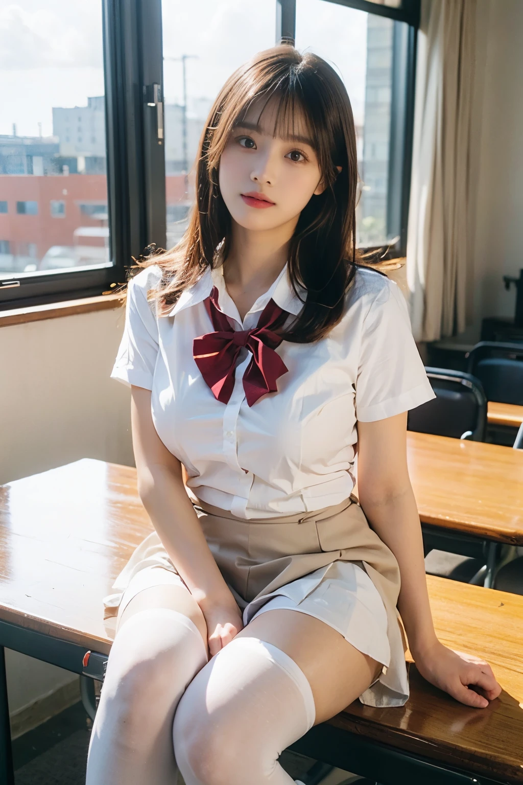 (spreading her legs for the camera:1.5)、(open legs:1.5)、lace underwear、((No makeup、looking at camera:1.2))、(realistic、Photoreal、super detailed、best detailed skins、highest quality、masterpiece、Super high resolution)、cute japanese woman、、high school girl、young girl、1 girl、have bangs、double eyelid、purity、double teeth、realistic肌タイプ、fluffy hair、red cheeks、the wind is blowing、(school uniform shirt)、(Ribbons for school uniforms)、plaid skirt、light brown hair、bright classroom、(school classroom)、machine、Chair、bright atmosphere、8K RAW photo、High resolution、(big round breasts:1.2)、beautiful eyes、detailed eyes、drawn in detail、long eyelashes、美しいdouble eyelid、duck mouth、evil smile、evil look、beautiful and very thin legs、Beautiful and very thin thighs,simple necklace、(I can see my crotch:1.2)、(I can see my pants:1.2)、extremely short skirts、pretty embarrassing、red cheeks、random short hair