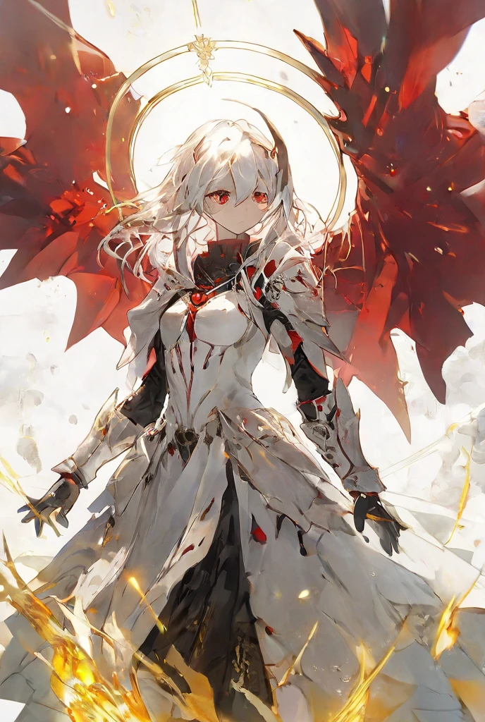 1girl, (Whole body diagram) ,red eyes, solo, long hair, armor, white hair, closed mouth, bangs, gauntlets, hair between eyes, shoulder armor, cape, red cape, dress, armored dress, random lights, whisper, fractal
